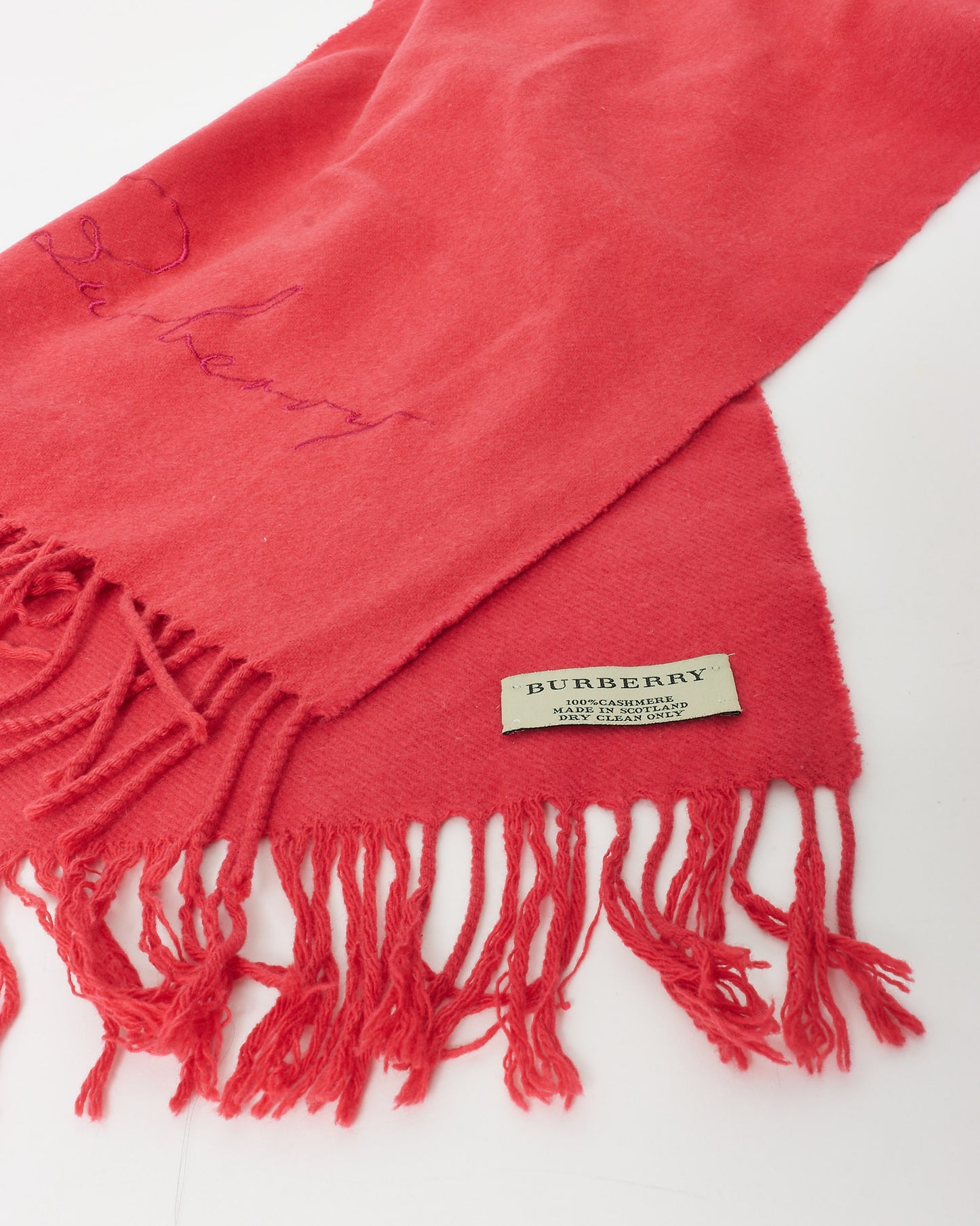 Burberry Pink Cashmere Cursive Logo Fringe Scarf