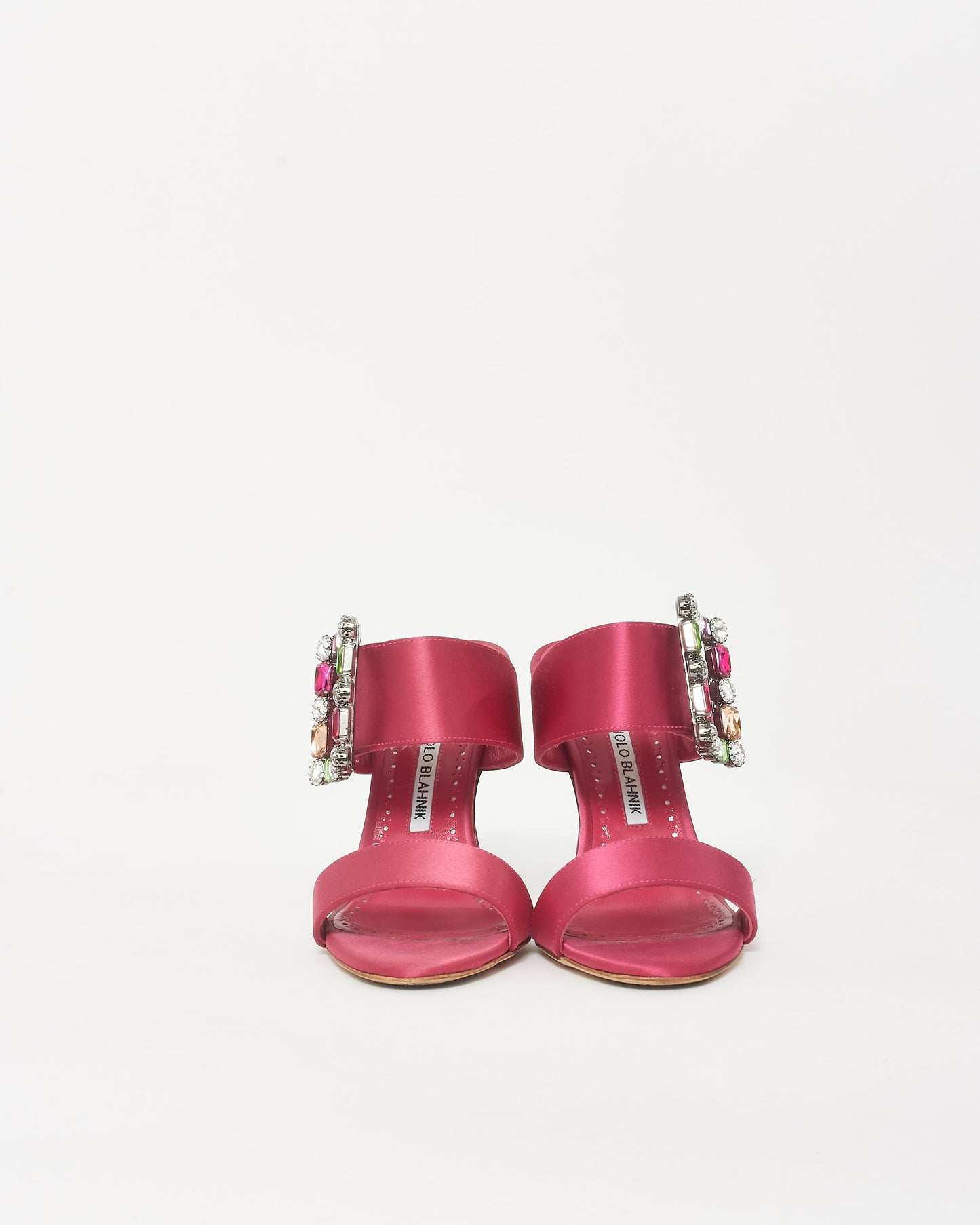 Manolo Blahnik Pink Satin 
Multi Color Embellished Buckle Mule Heels - 38