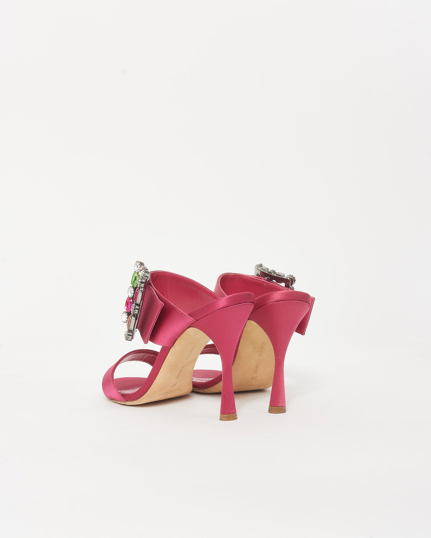 Manolo Blahnik Pink Satin 
Multi Color Embellished Buckle Mule Heels - 38