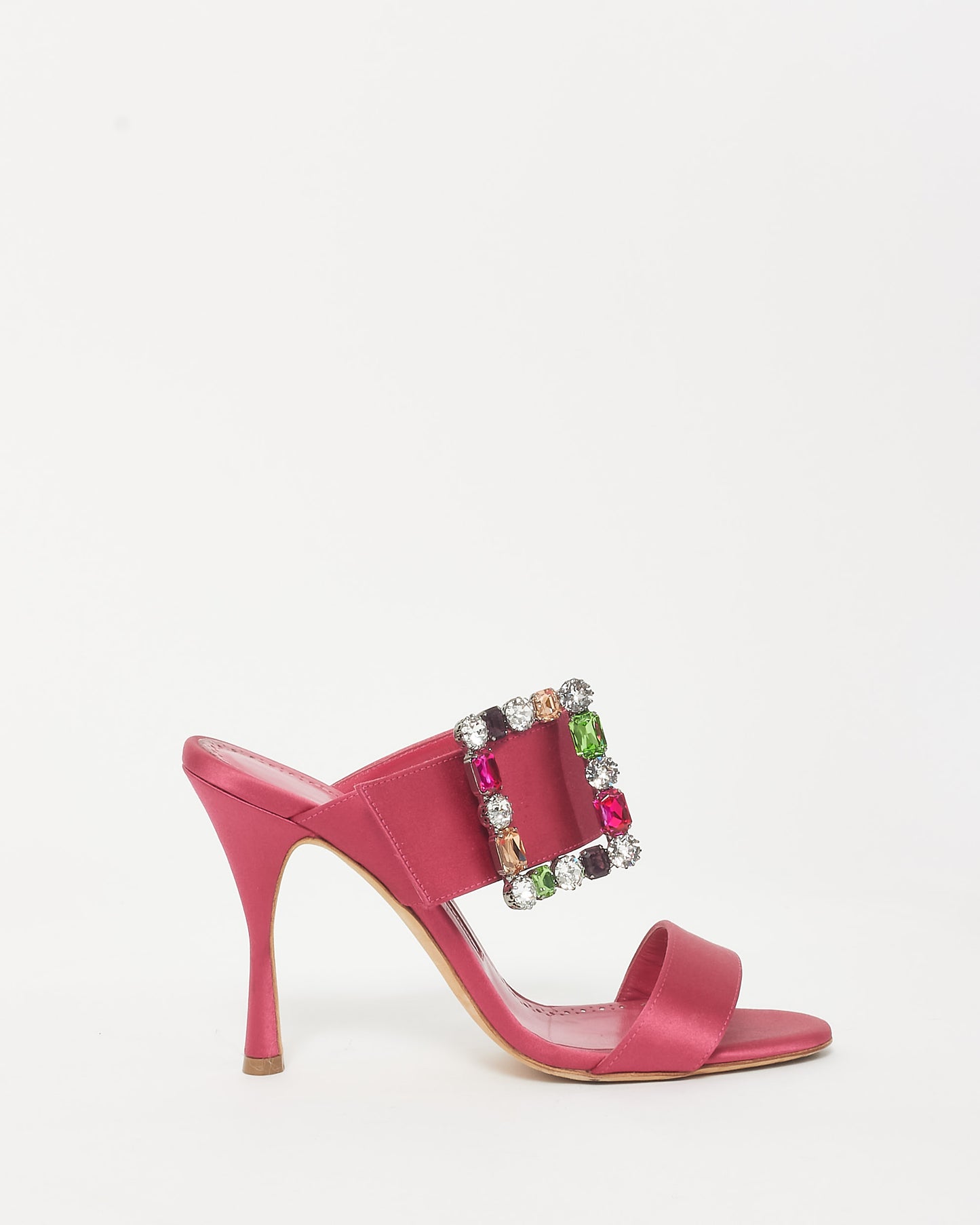 Manolo Blahnik Pink Satin 
Multi Color Embellished Buckle Mule Heels - 38