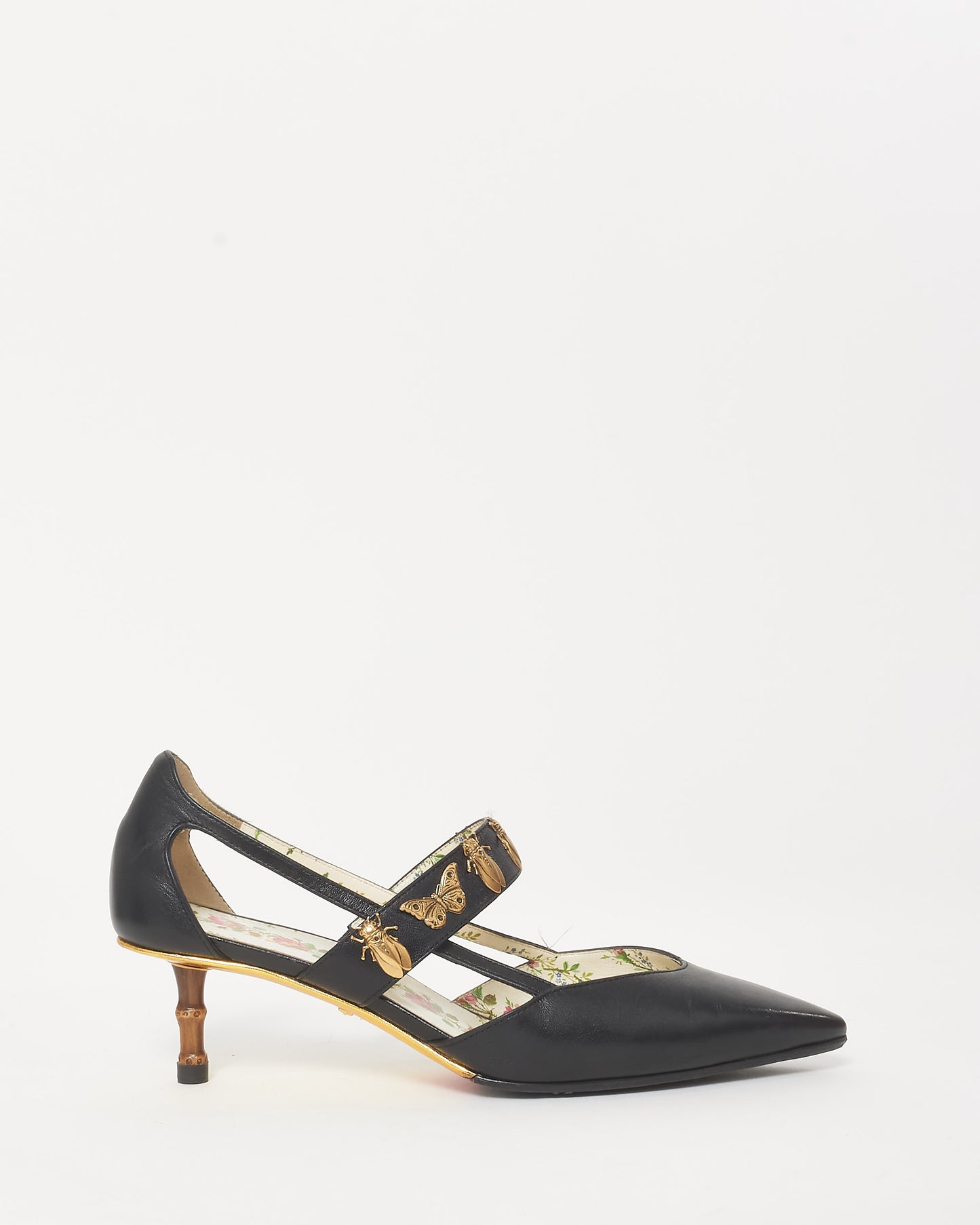 Gucci Black Leather Bee 
Butterfly Embellished Bamboo Heel Slingback Pumps - 37