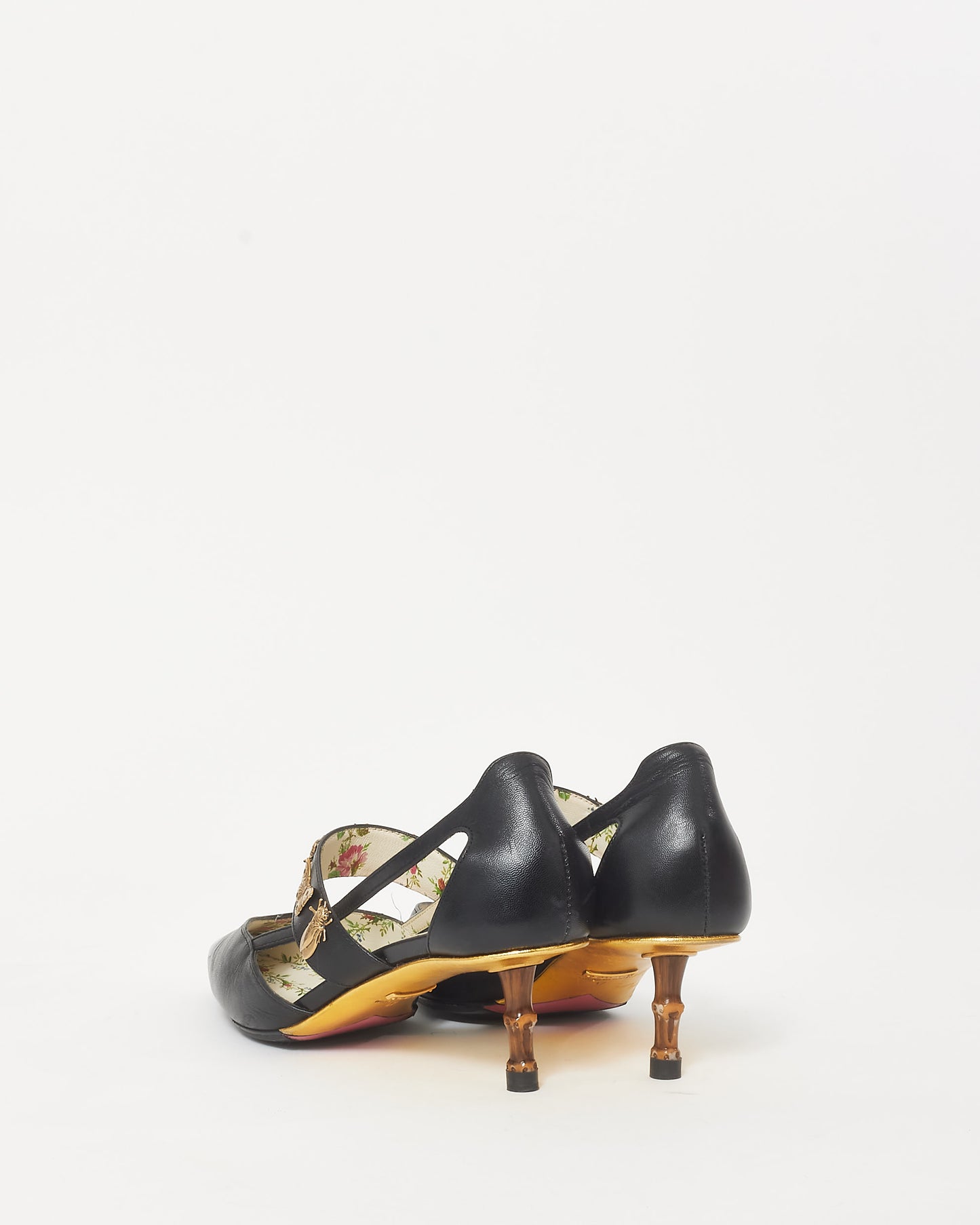 Gucci Black Leather Bee 
Butterfly Embellished Bamboo Heel Slingback Pumps - 37