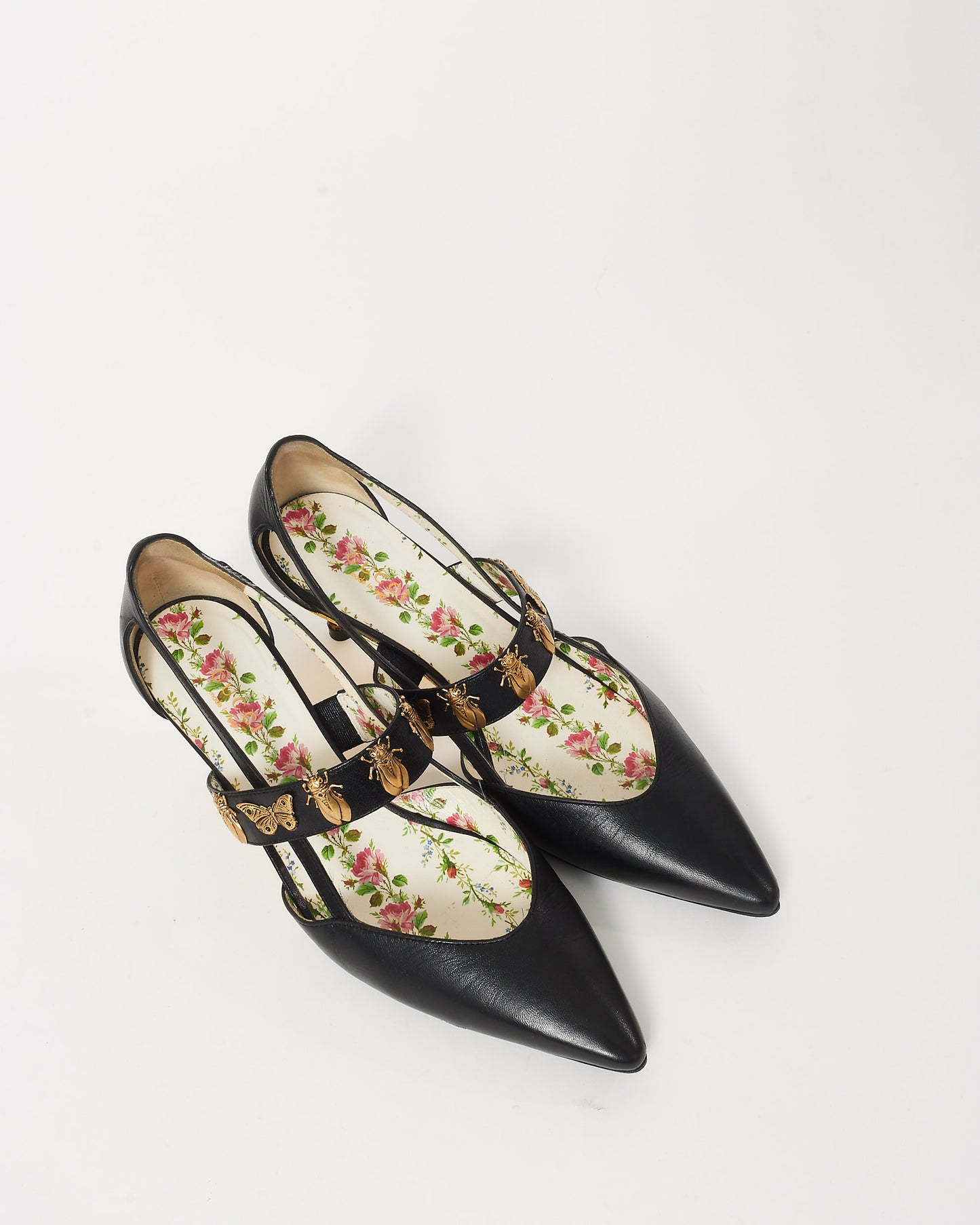 Gucci Black Leather Bee 
Butterfly Embellished Bamboo Heel Slingback Pumps - 37