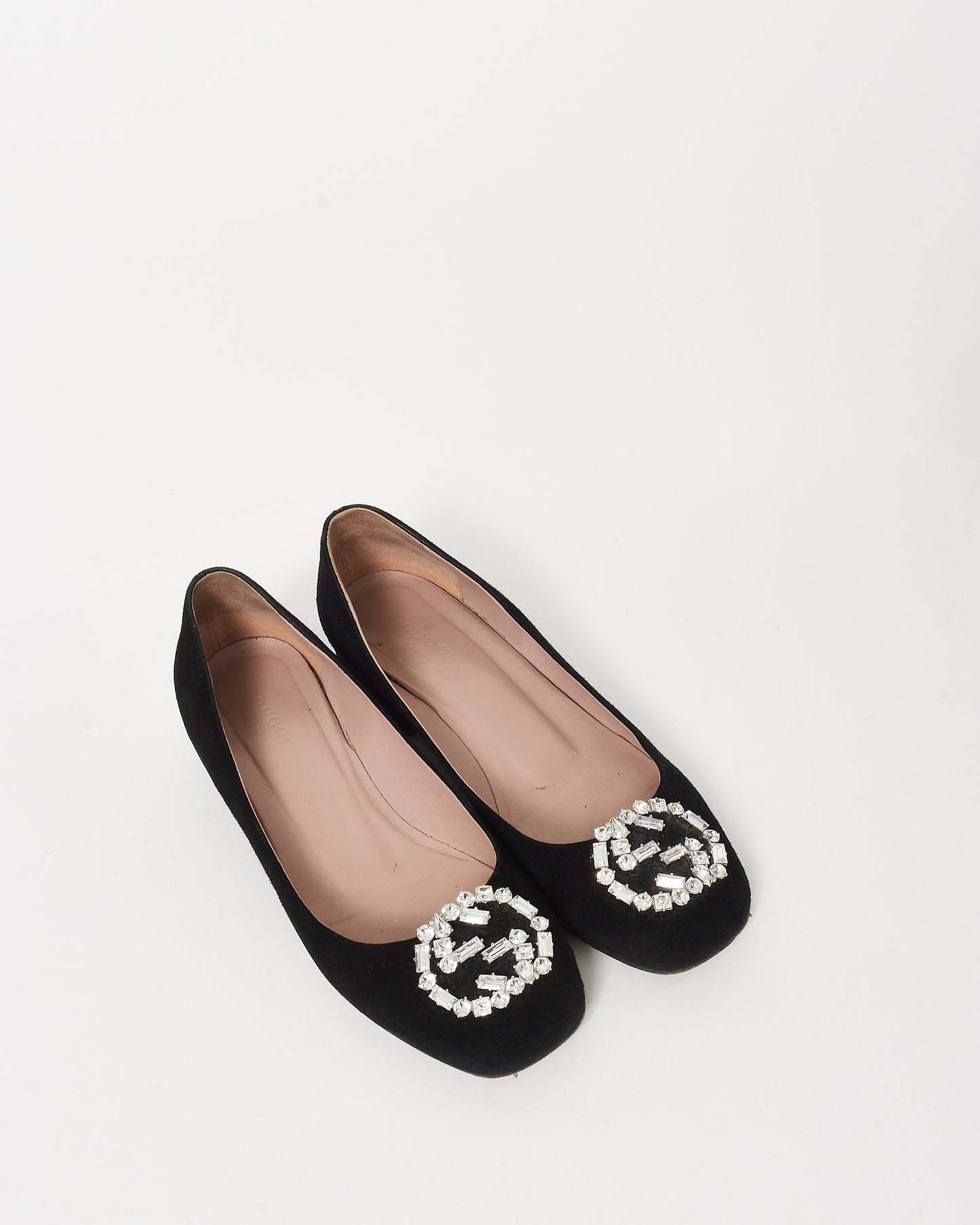 Gucci Black Suede 
Crystal GG Logo Block Heel Pumps - 37