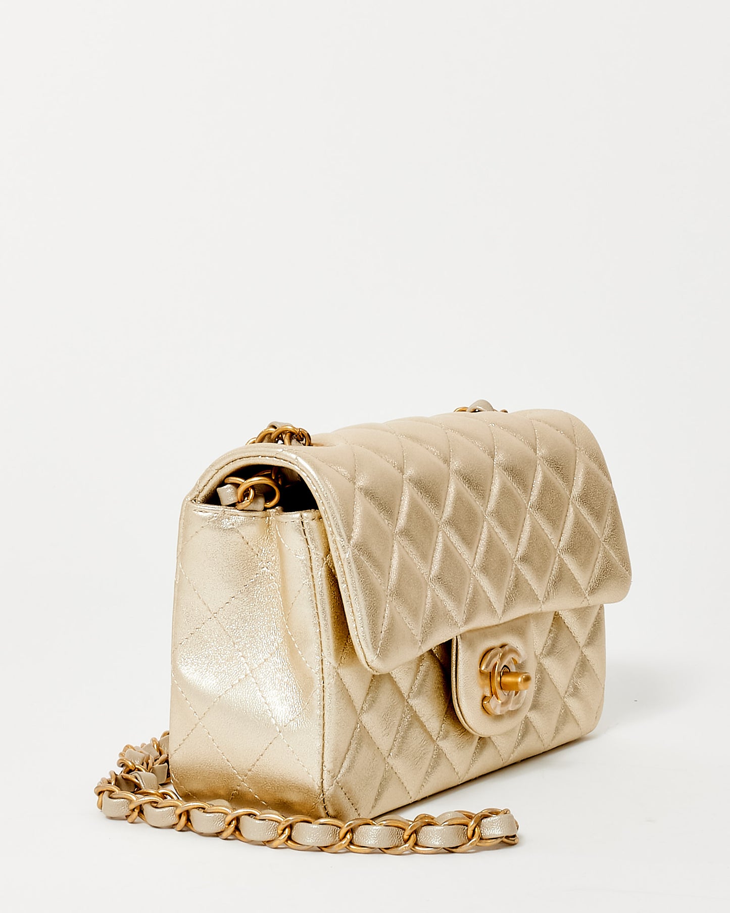 Chanel Gold Lambskin Leather GHW Mini Rectangular Single Flap