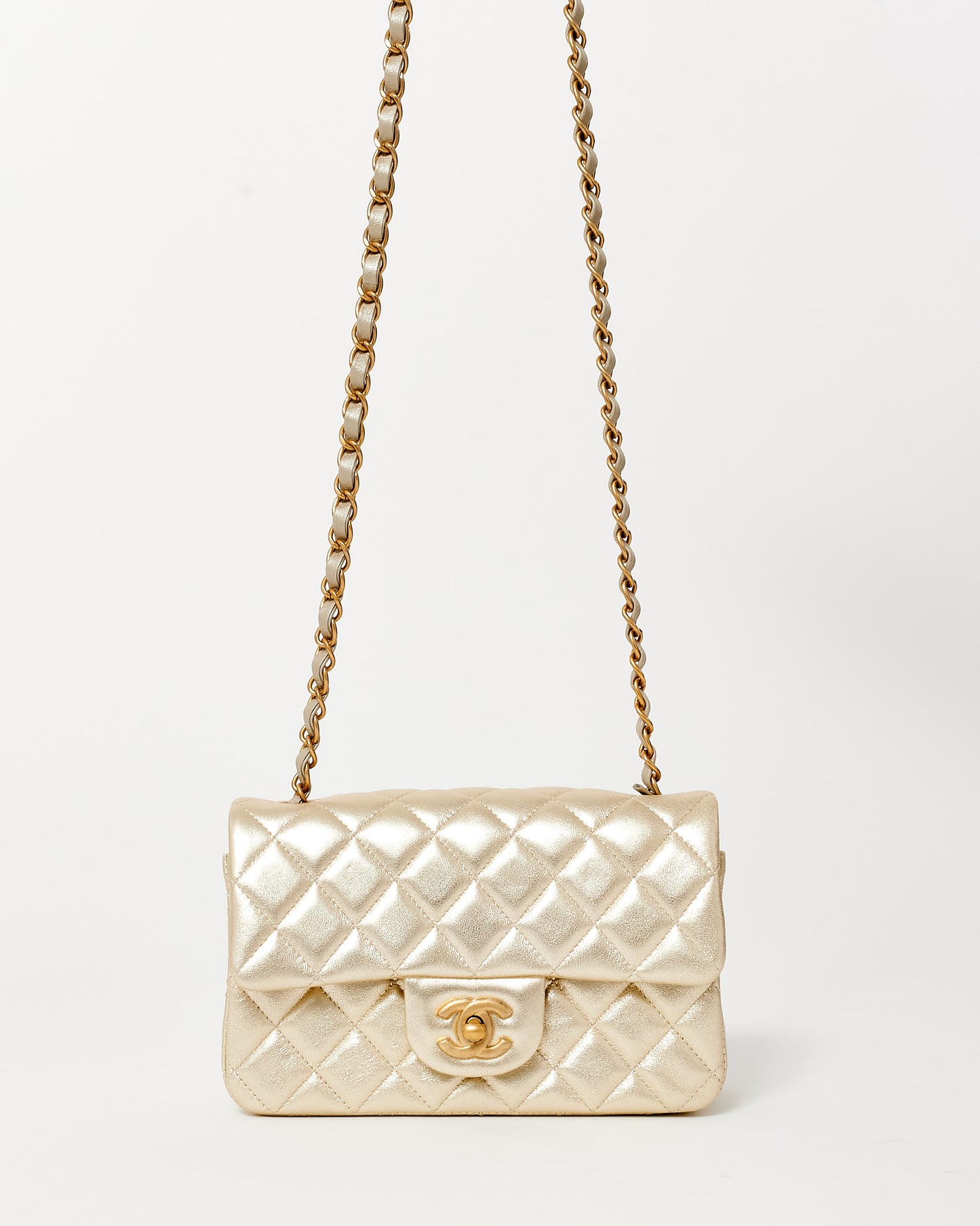 Chanel Gold Lambskin Leather GHW Mini Rectangular Single Flap