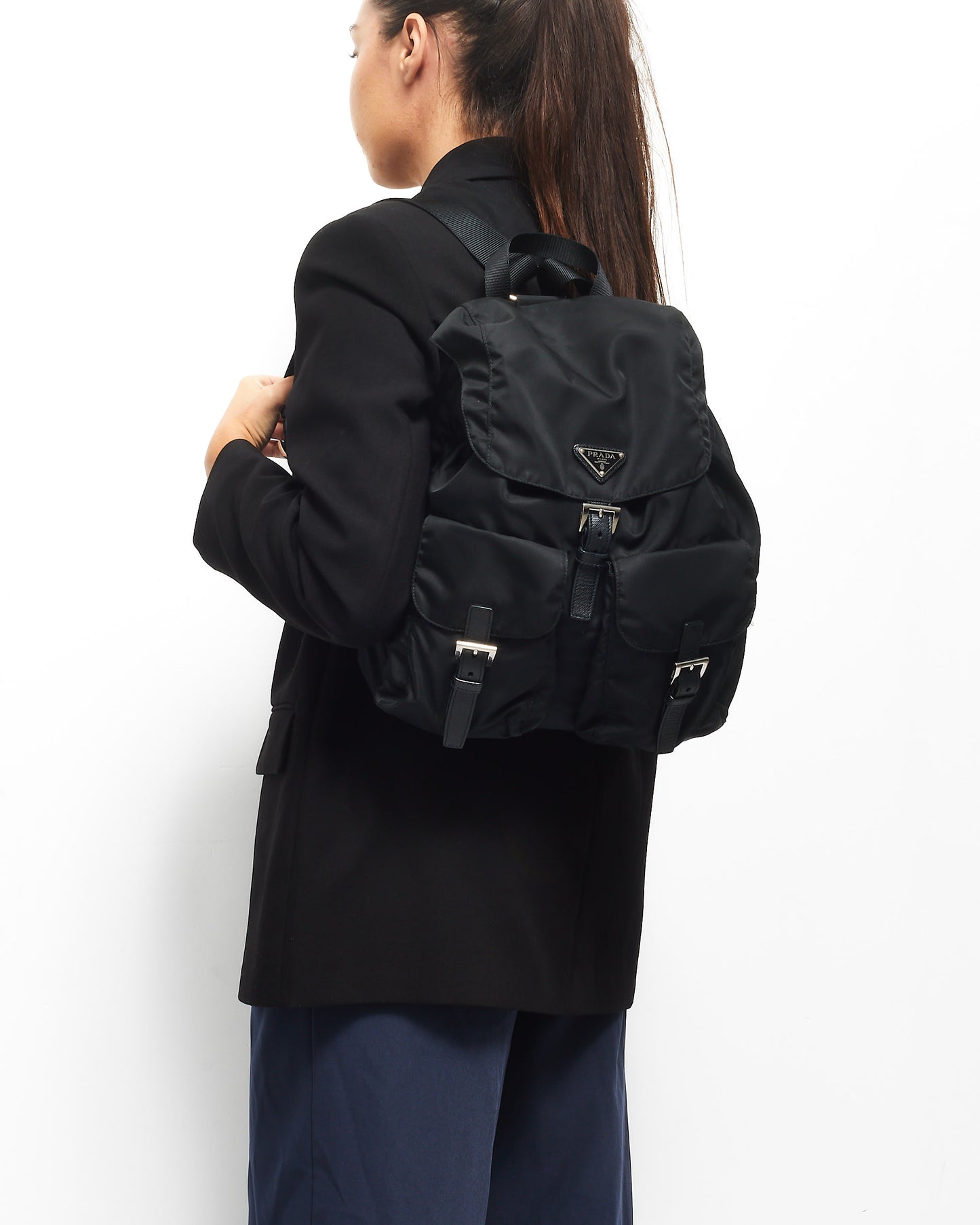 Prada Black Re- Nylon Double Front Pocket Medium Backpack