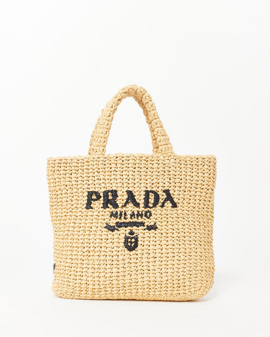 Prada Beige Logo Raffia Small Tote Bag