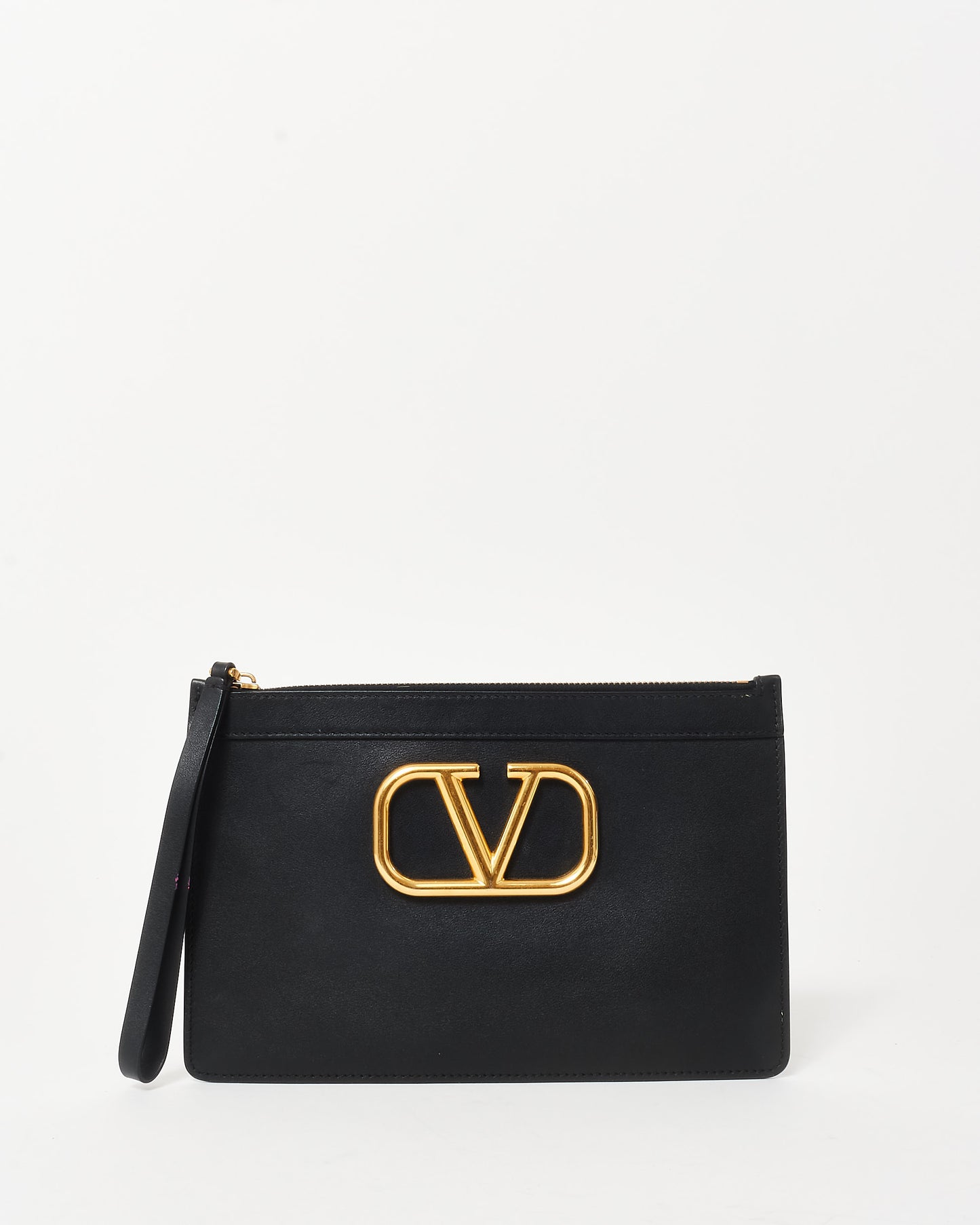 Valentino Black Leather V Logo Wristlet Clutch