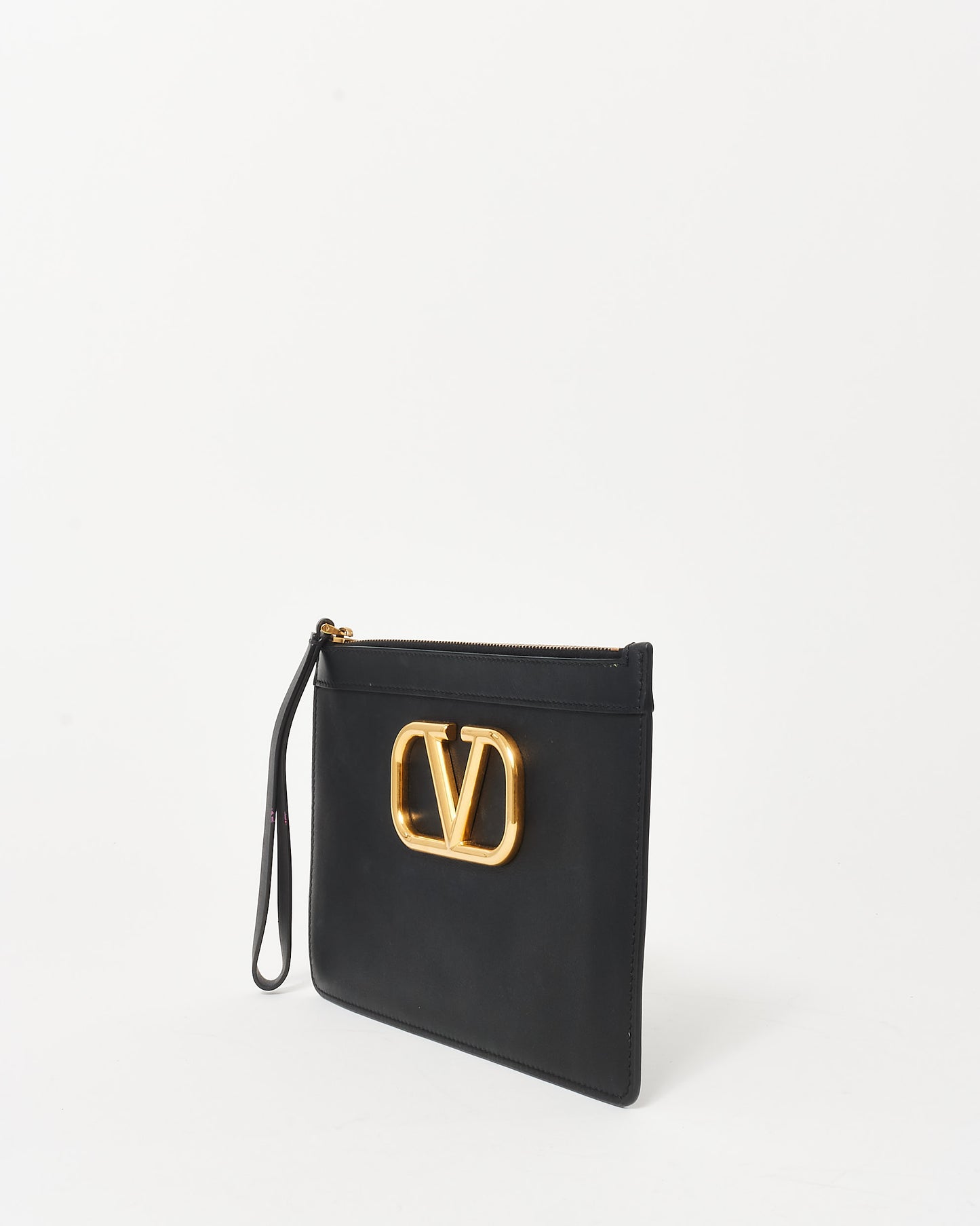 Valentino Black Leather V Logo Wristlet Clutch