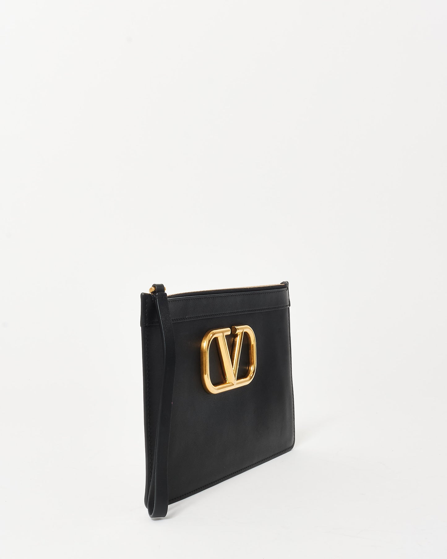 Valentino Black Leather V Logo Wristlet Clutch