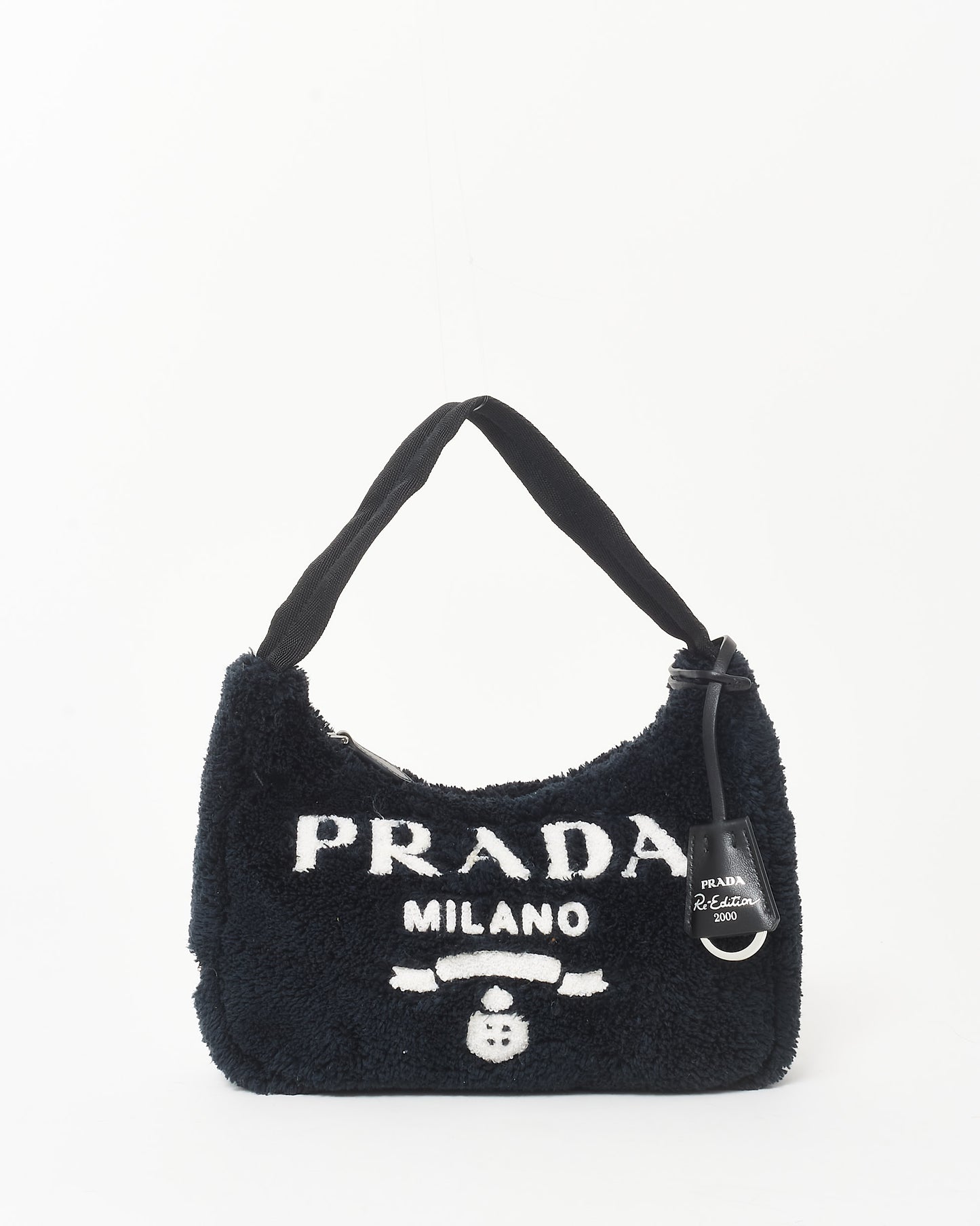 Prada Black Shearling 
White Logo 2000 Re Edition Shoulder Bag