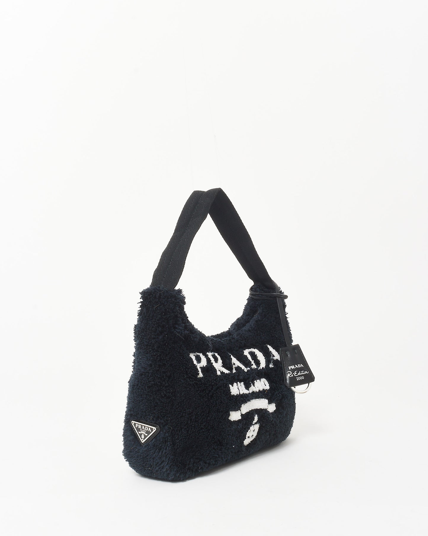 Prada Black Shearling 
White Logo 2000 Re Edition Shoulder Bag