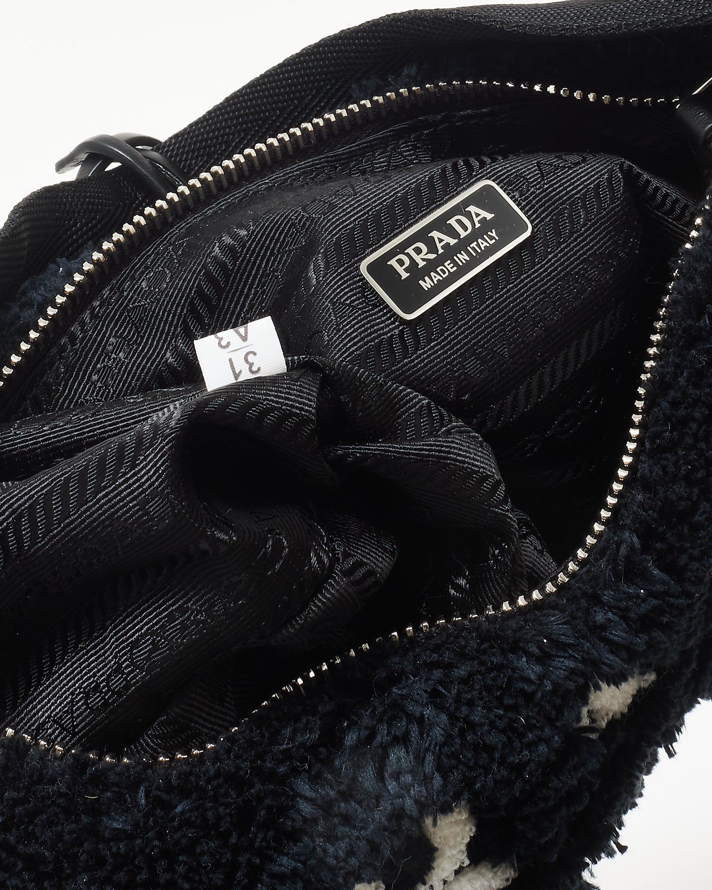 Prada Black Shearling 
White Logo 2000 Re Edition Shoulder Bag