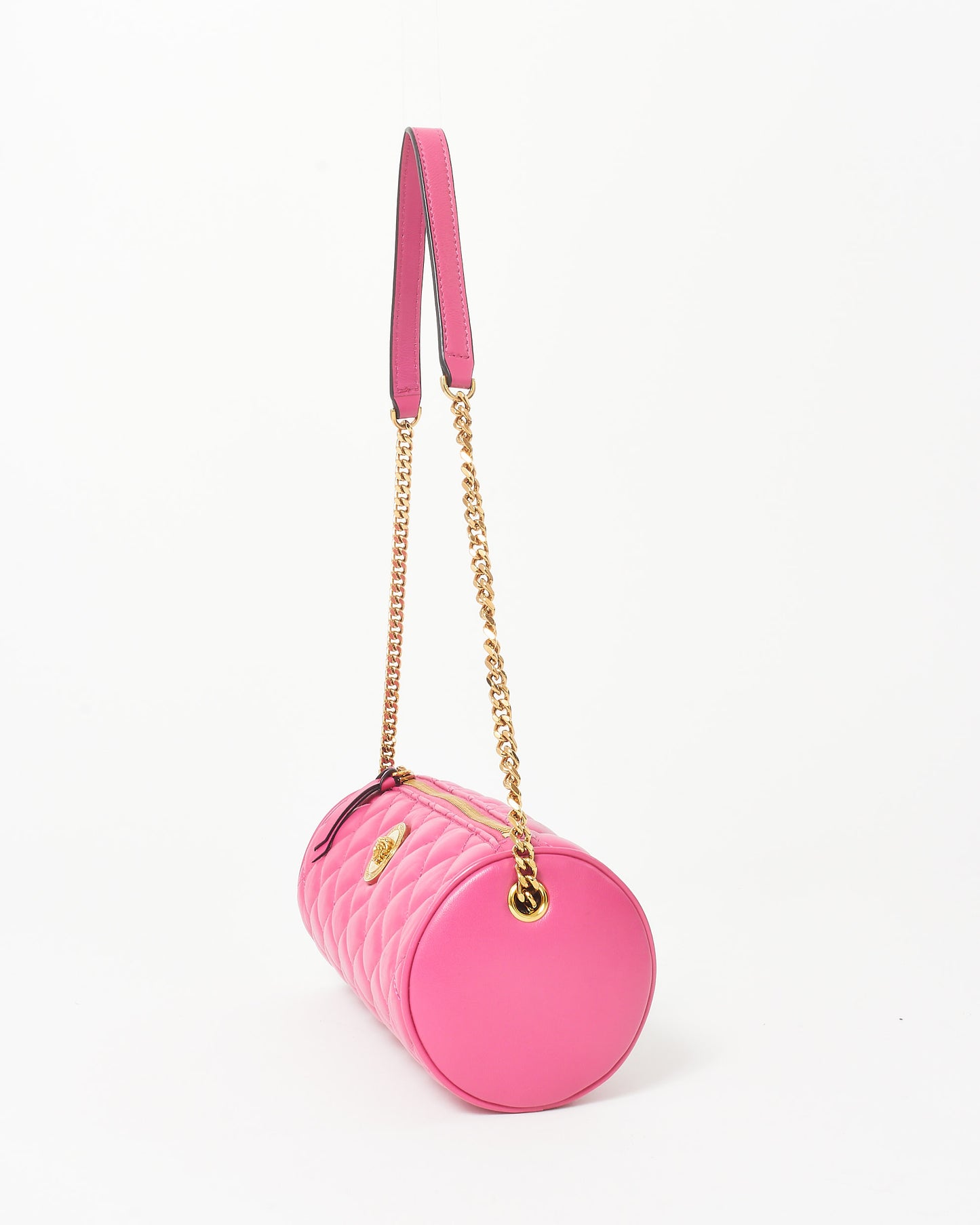 Versace Pink Leather 
Gold Medusa Head Cylindrical Shoulder Bag