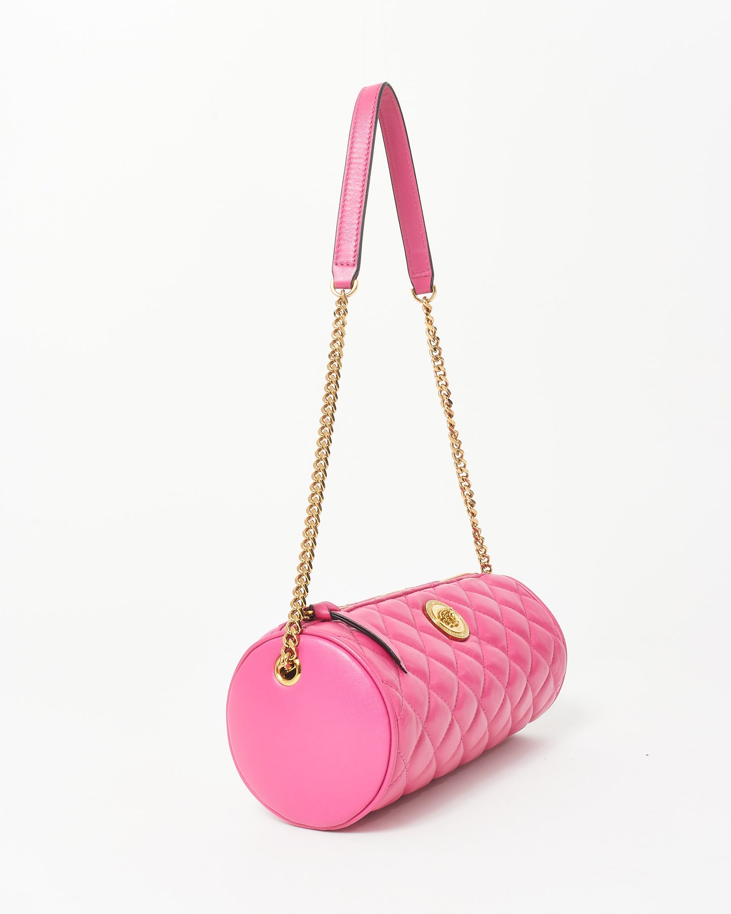 Versace Pink Leather 
Gold Medusa Head Cylindrical Shoulder Bag