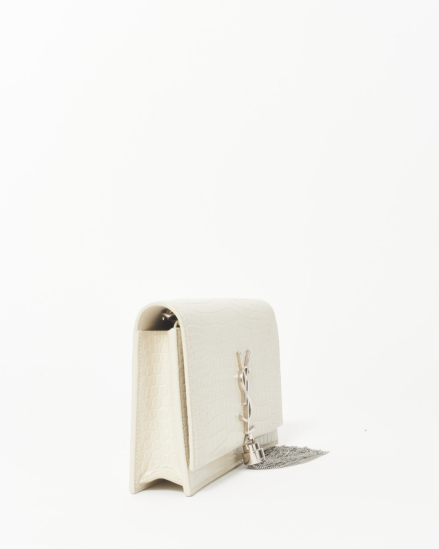 Saint Laurent Cream Croc Embossed SHW Small Kate Tassel Chain Bag