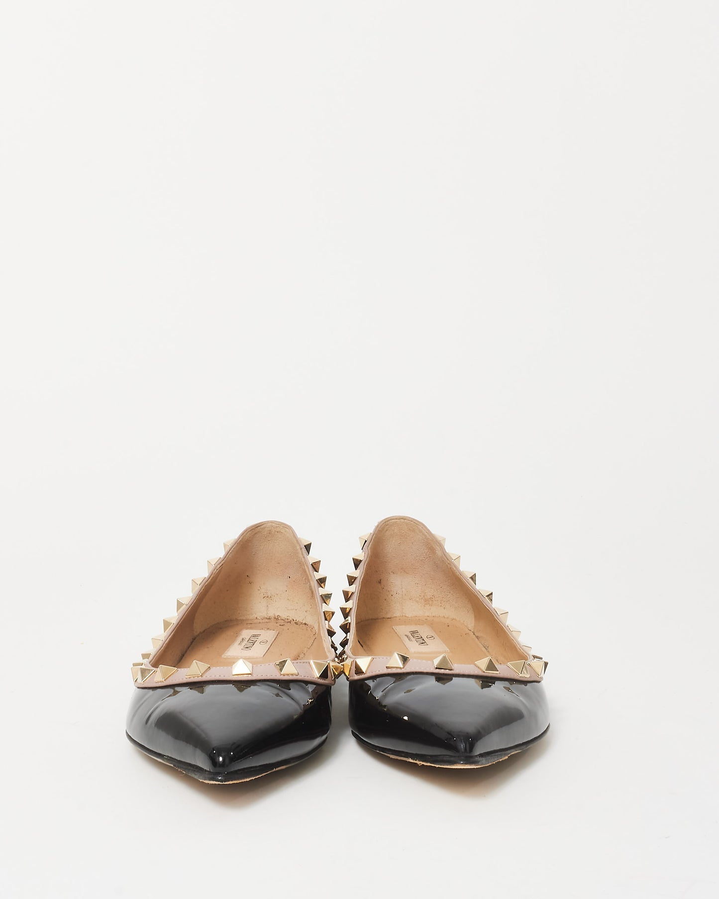 Valentino Black Patent Leather 
Rockstud Pointed Toe Ballerina Flats - 38.5