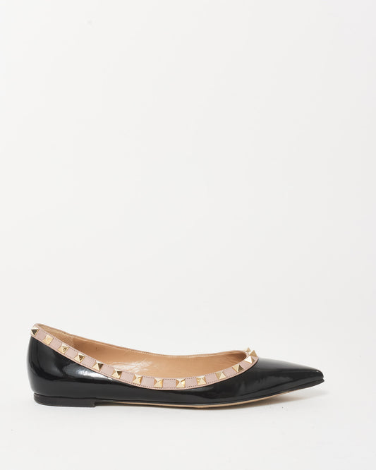 Valentino Black Patent Leather 
Rockstud Pointed Toe Ballerina Flats - 38.5