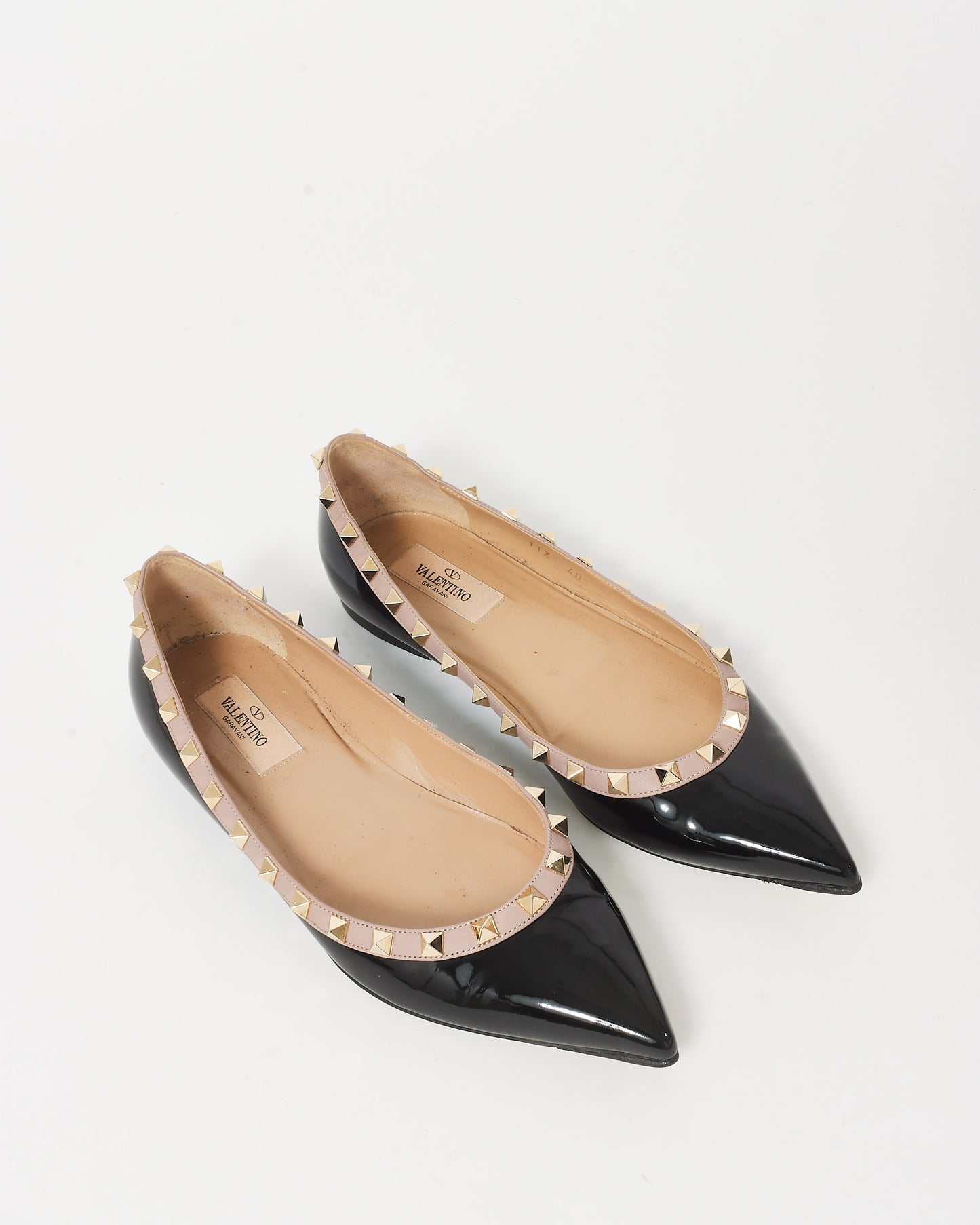 Valentino Black Patent Leather 
Rockstud Pointed Toe Ballerina Flats - 38.5