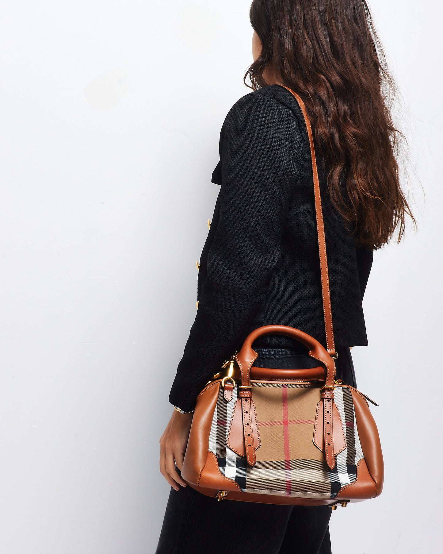 Burberry House Check Canvas 
Brown Leather Blaze Bag