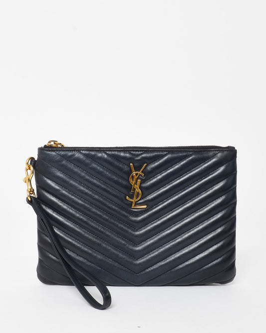 Saint Laurent Black Chevron Matelassé Leather Logo Cassandre Wristlet Pouch