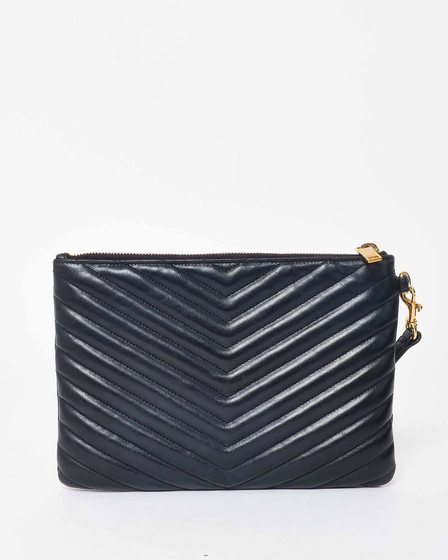 Saint Laurent Black Chevron Matelassé Leather Logo Cassandre Wristlet Pouch