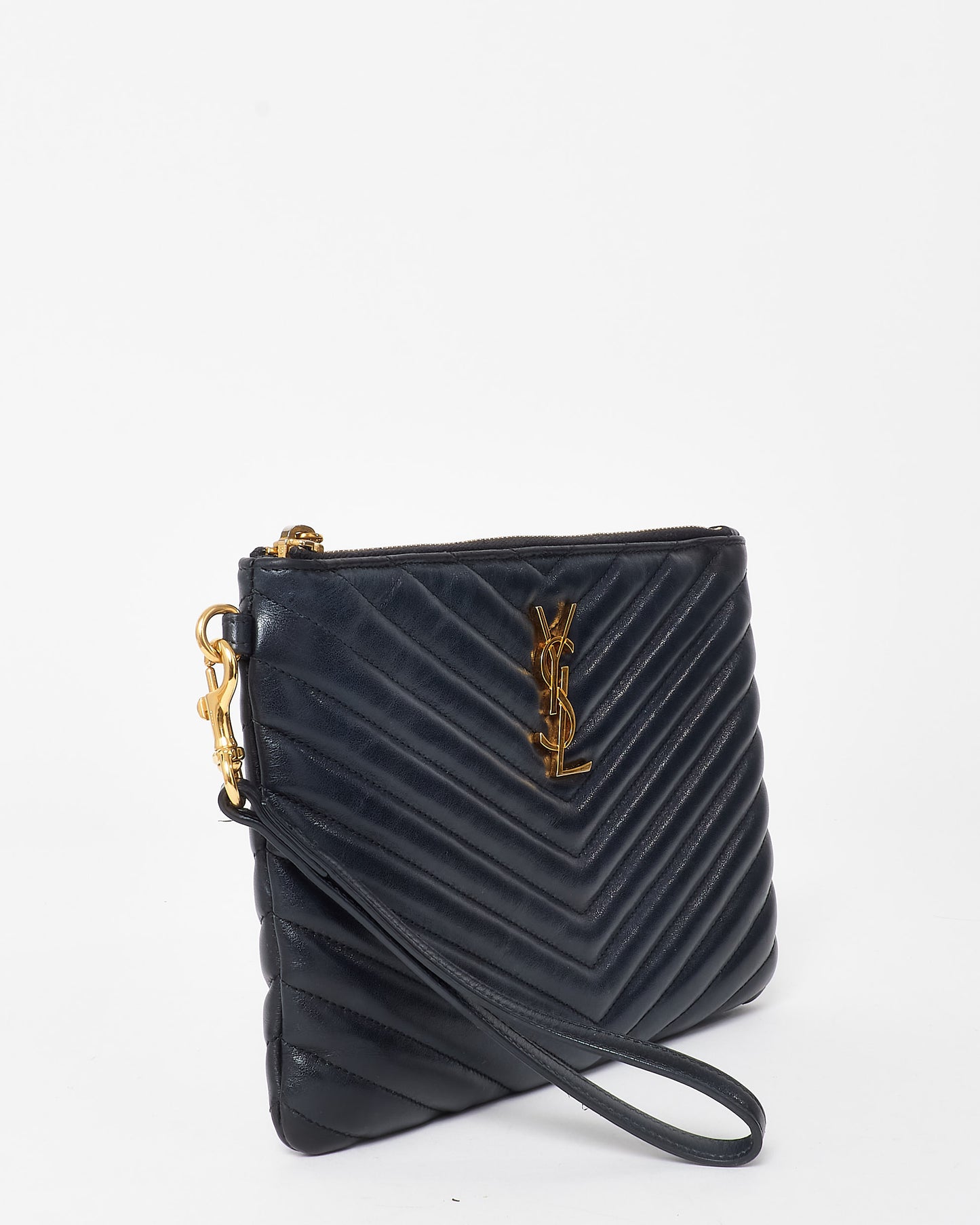 Saint Laurent Black Chevron Matelassé Leather Logo Cassandre Wristlet Pouch