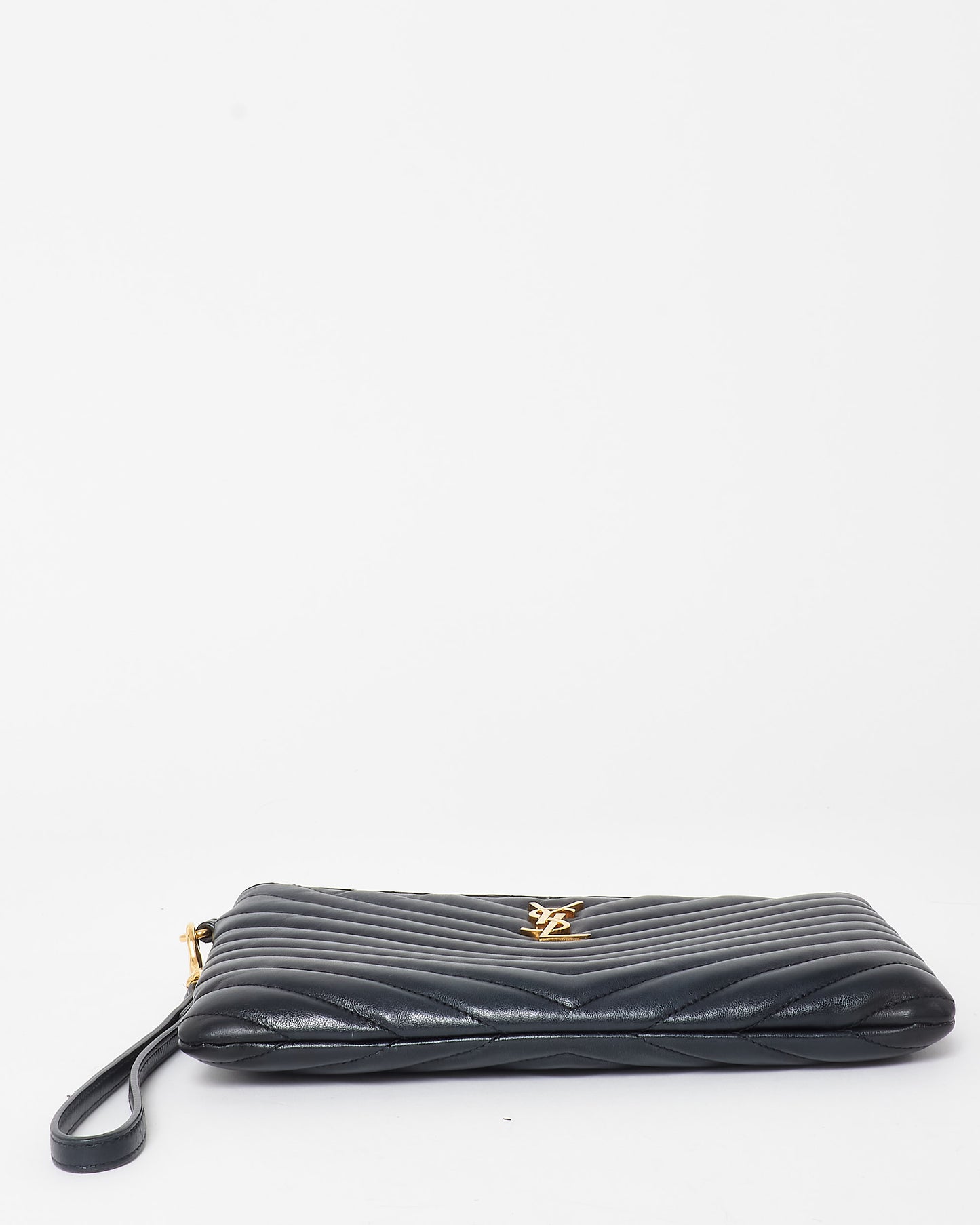 Saint Laurent Black Chevron Matelassé Leather Logo Cassandre Wristlet Pouch