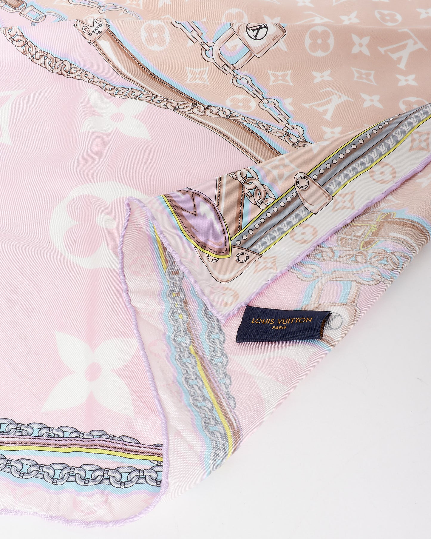 Louis Vuitton Pink Lilac 
Blue Chain Square Silk Scarf