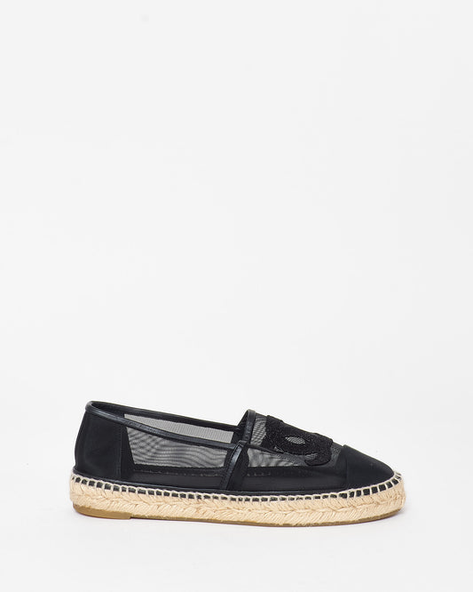 Chanel Black Mesh 
Sparkle Logo Espadrilles - 39