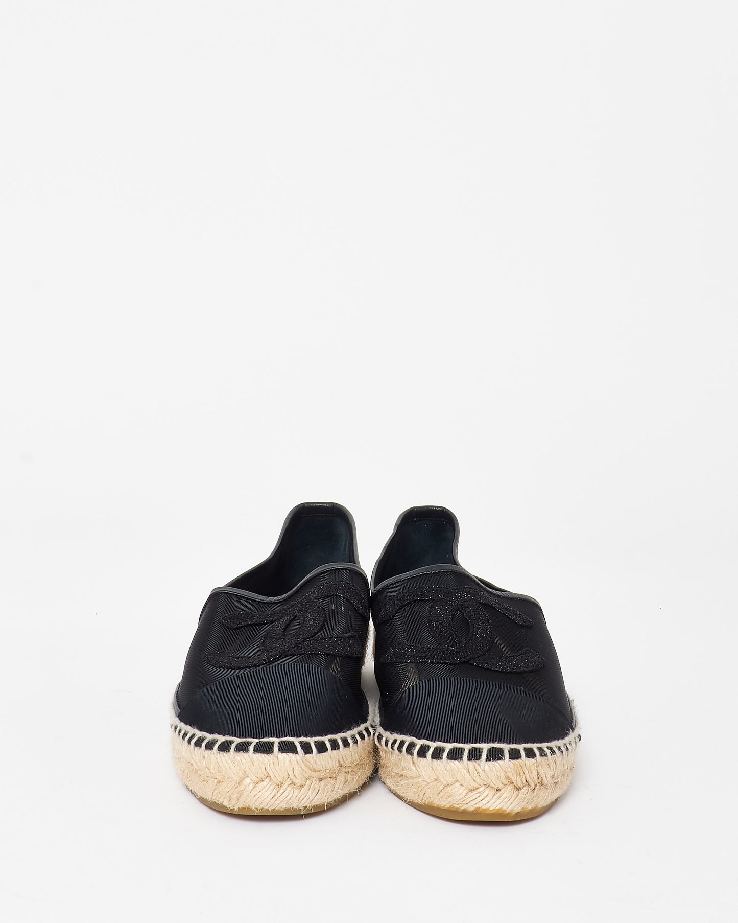 Chanel Black Mesh 
Sparkle Logo Espadrilles - 39