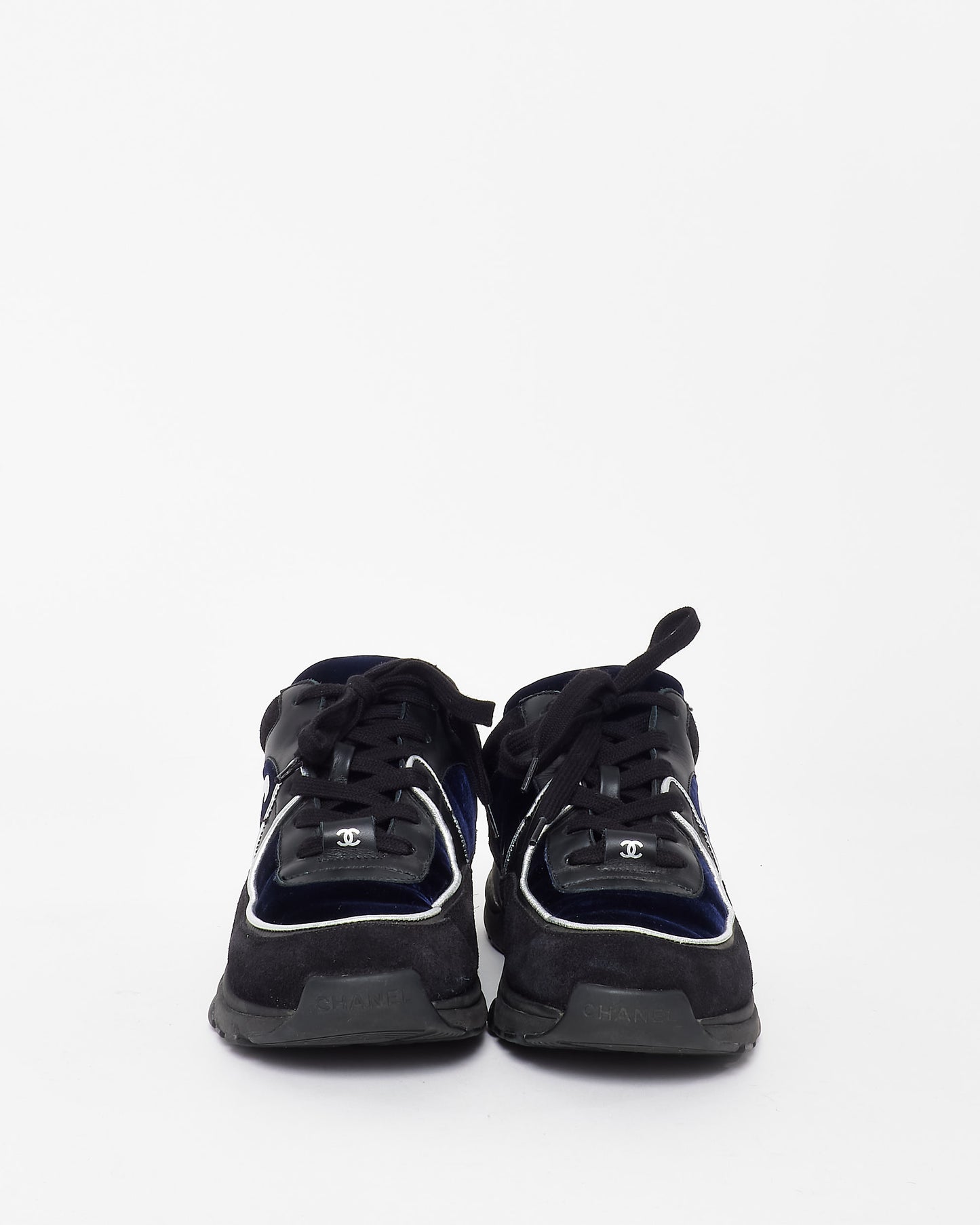 Chanel Black 
Navy Blue Velvet Silver Logo Sneakers - 36.5