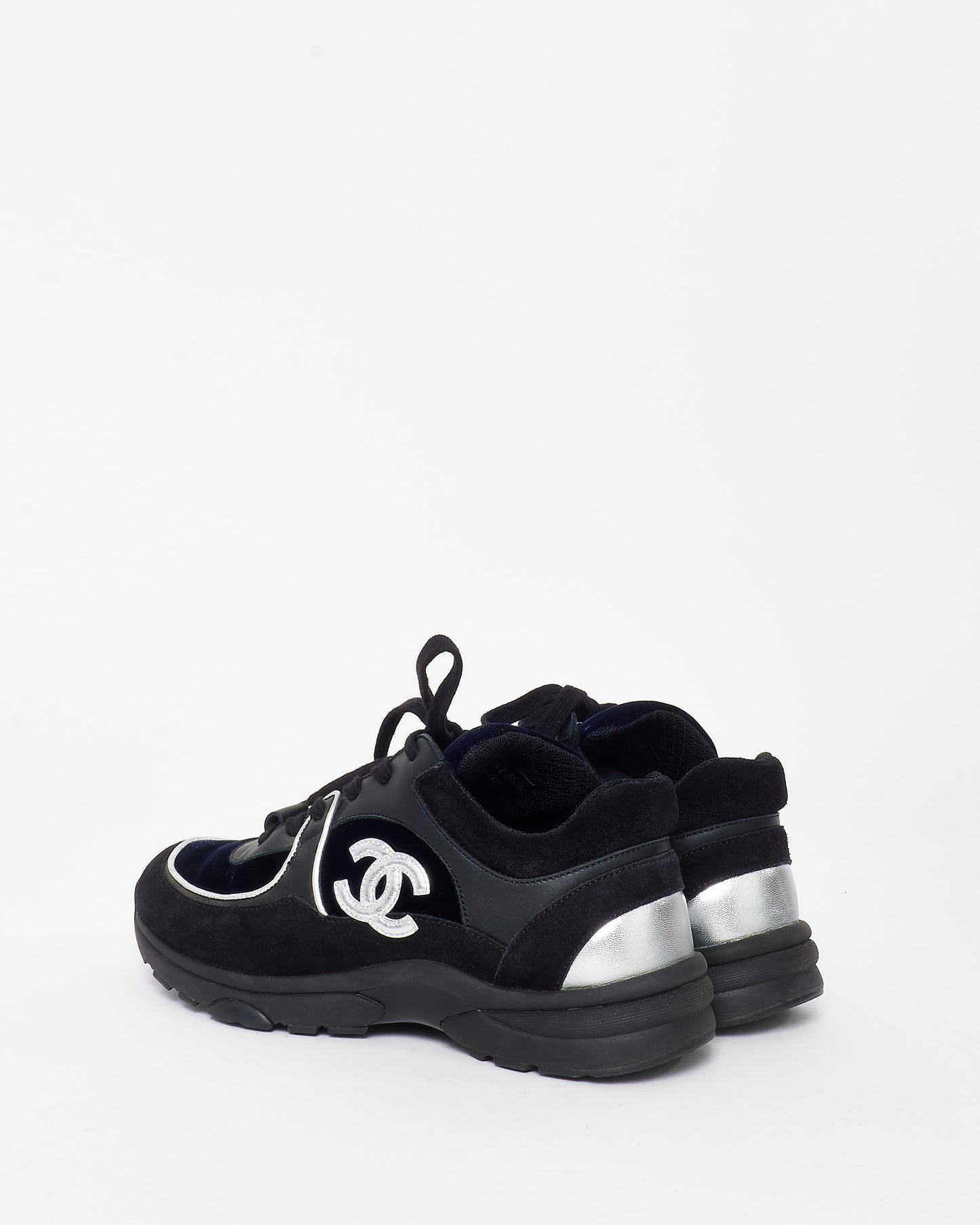 Chanel Black 
Navy Blue Velvet Silver Logo Sneakers - 36.5