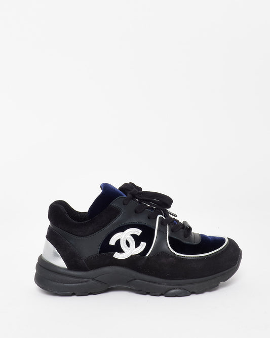 Chanel Black 
Navy Blue Velvet Silver Logo Sneakers - 36.5