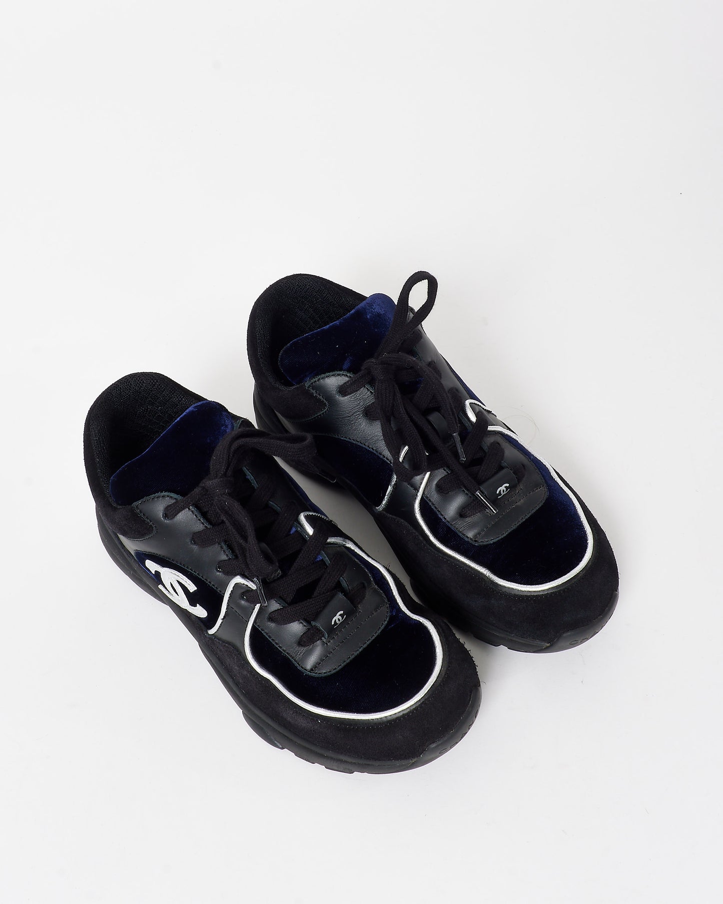 Chanel Black 
Navy Blue Velvet Silver Logo Sneakers - 36.5