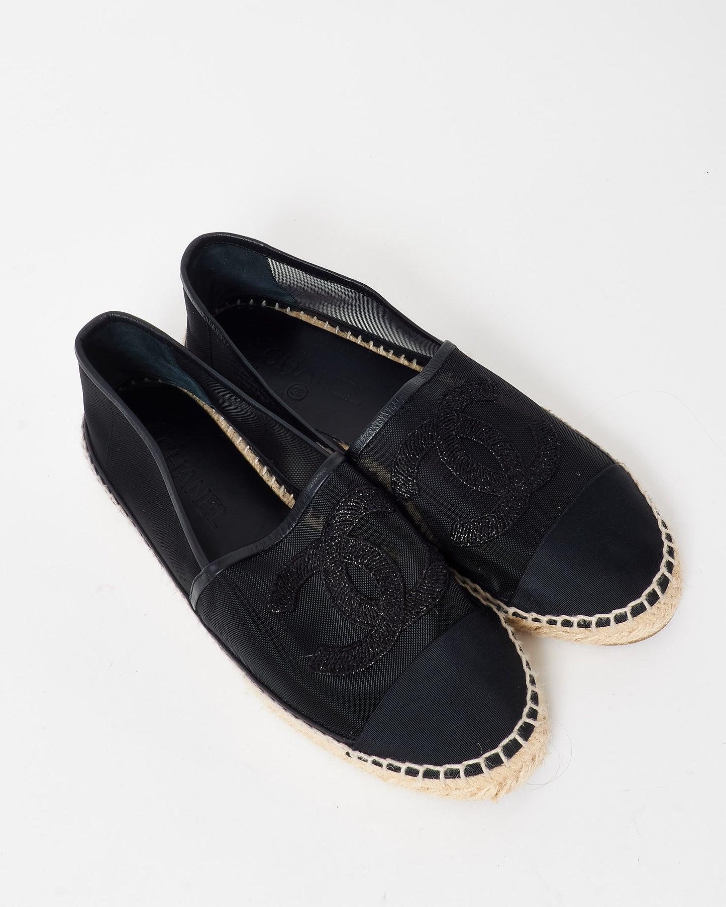 Chanel Black Mesh 
Sparkle Logo Espadrilles - 39