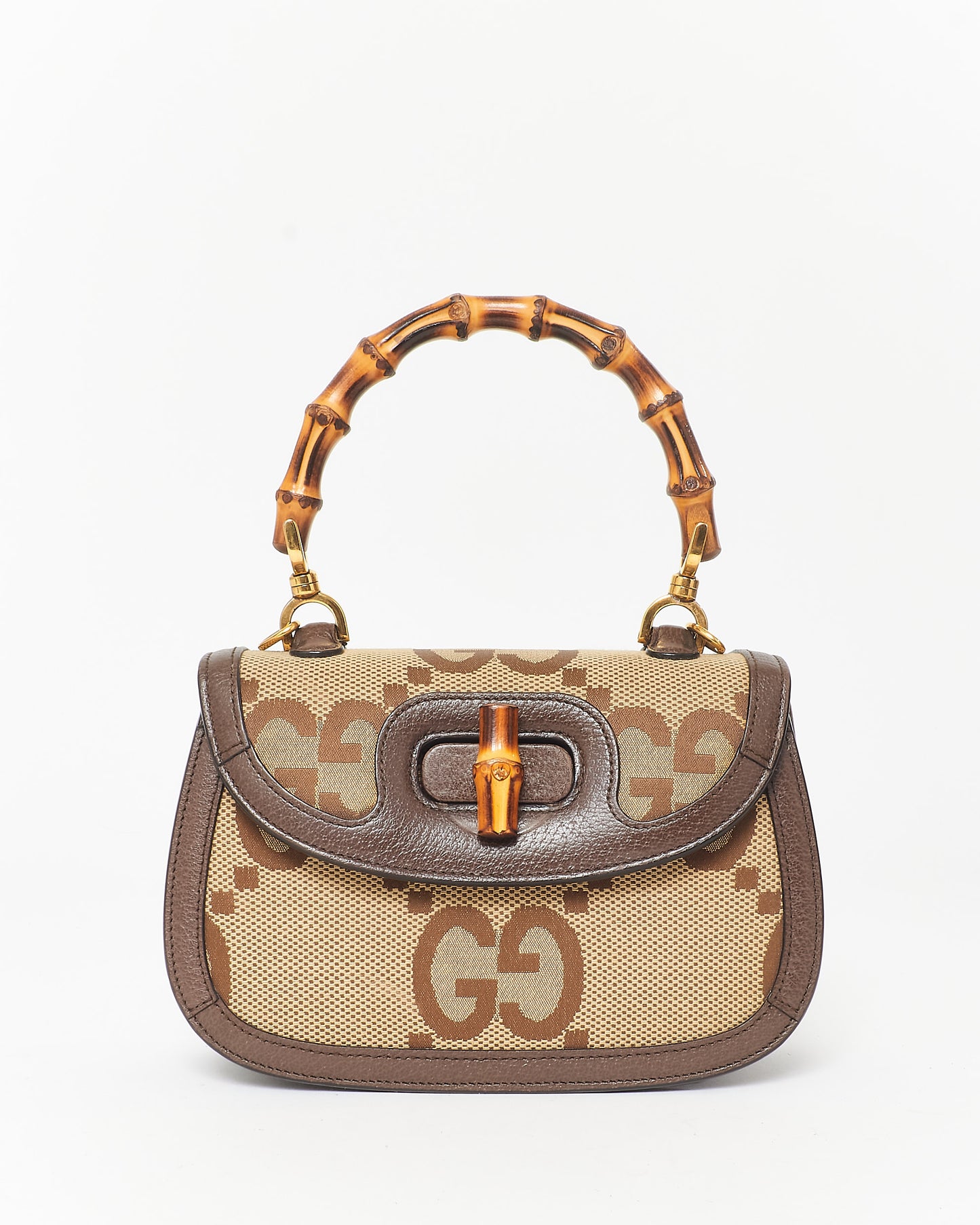 Gucci Jumbo GG Mini Bamboo Canvas Top Handle Bag W/ Web Strap