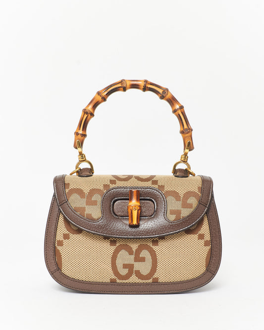 Gucci Jumbo GG Mini Bamboo Canvas Top Handle Bag W/ Web Strap