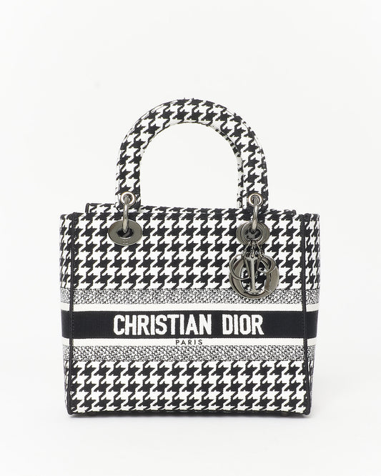 Dior Black 
White Houndstooth Embroidered Lady D - Lite Bag