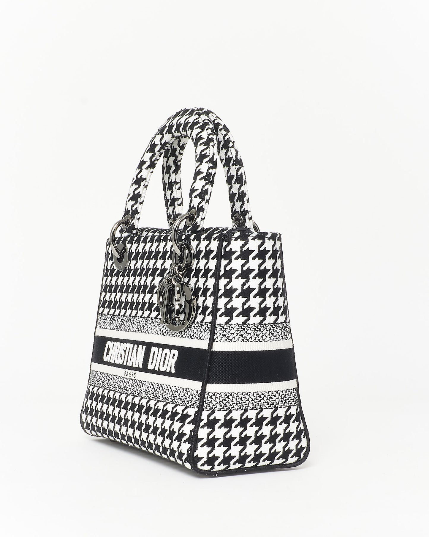 Dior Black 
White Houndstooth Embroidered Lady D - Lite Bag