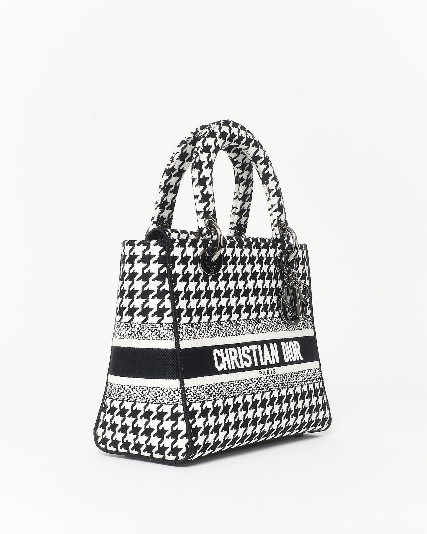 Dior Black 
White Houndstooth Embroidered Lady D - Lite Bag