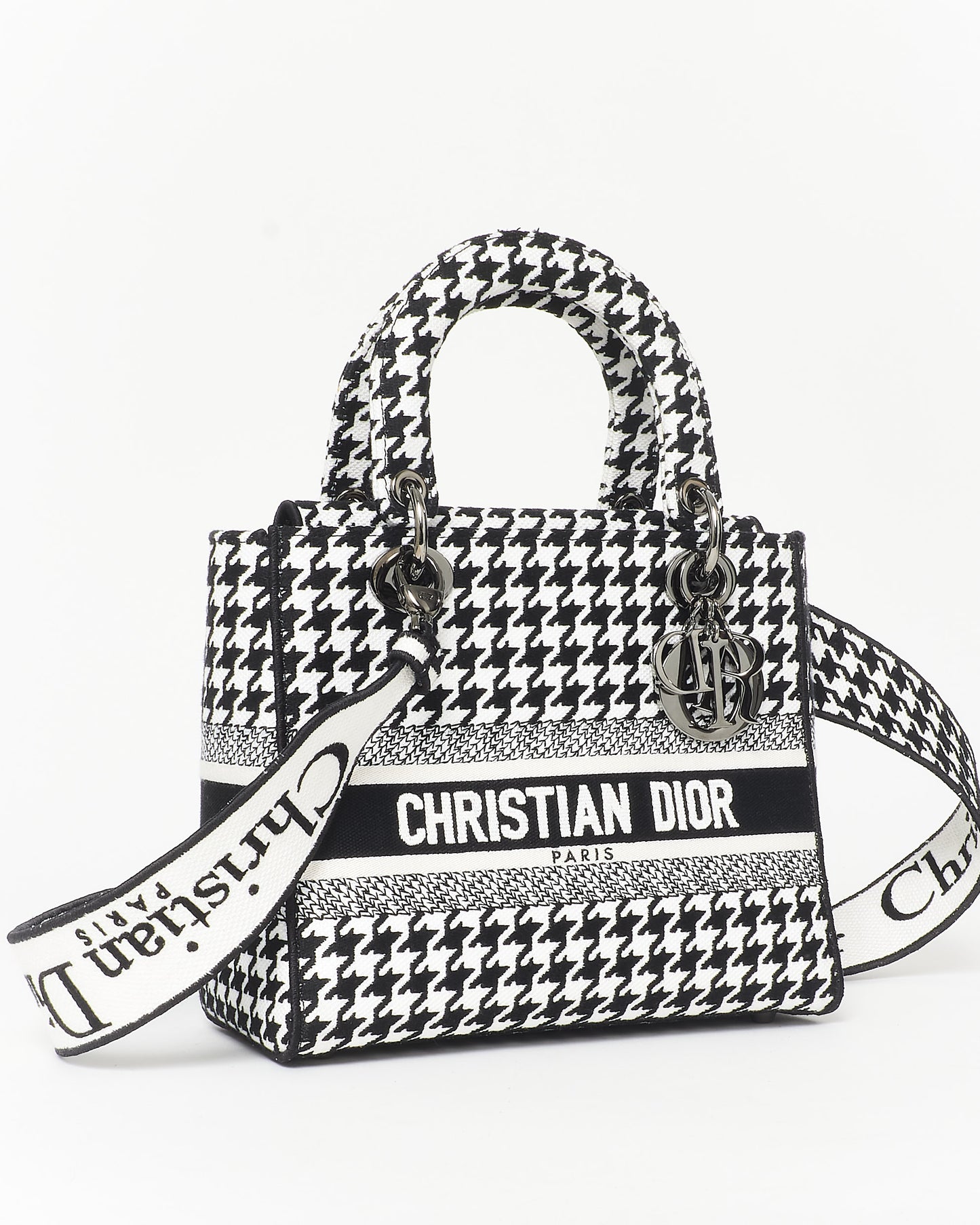 Dior Black 
White Houndstooth Embroidered Lady D - Lite Bag