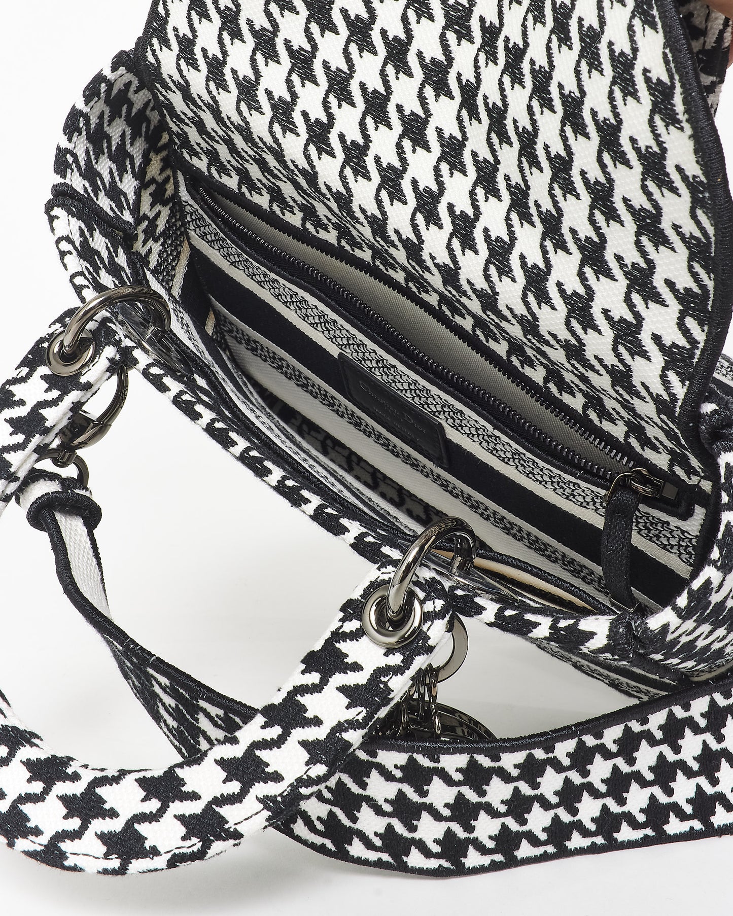 Dior Black 
White Houndstooth Embroidered Lady D - Lite Bag