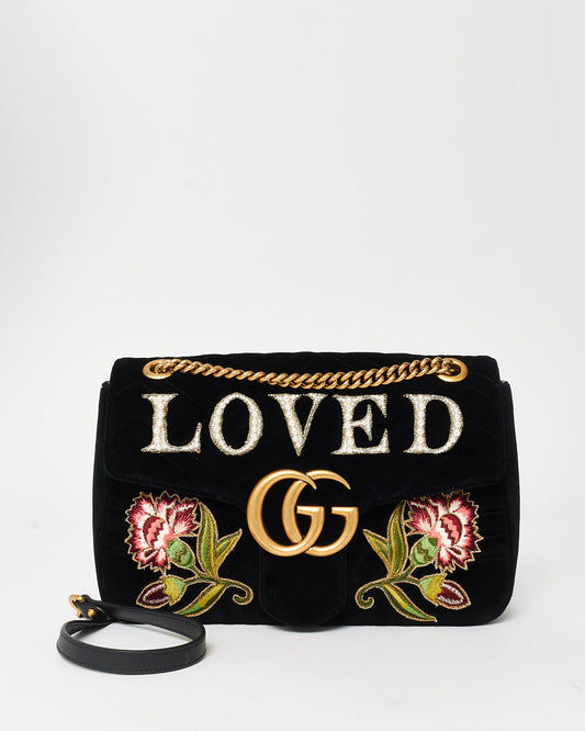 Gucci Black Velvet Marmont Embroidered 
Embellished LOVED Bag