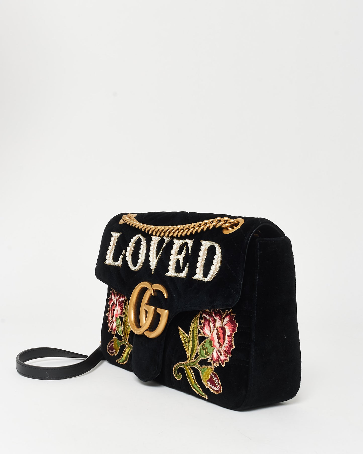 Gucci Black Velvet Marmont Embroidered 
Embellished LOVED Bag