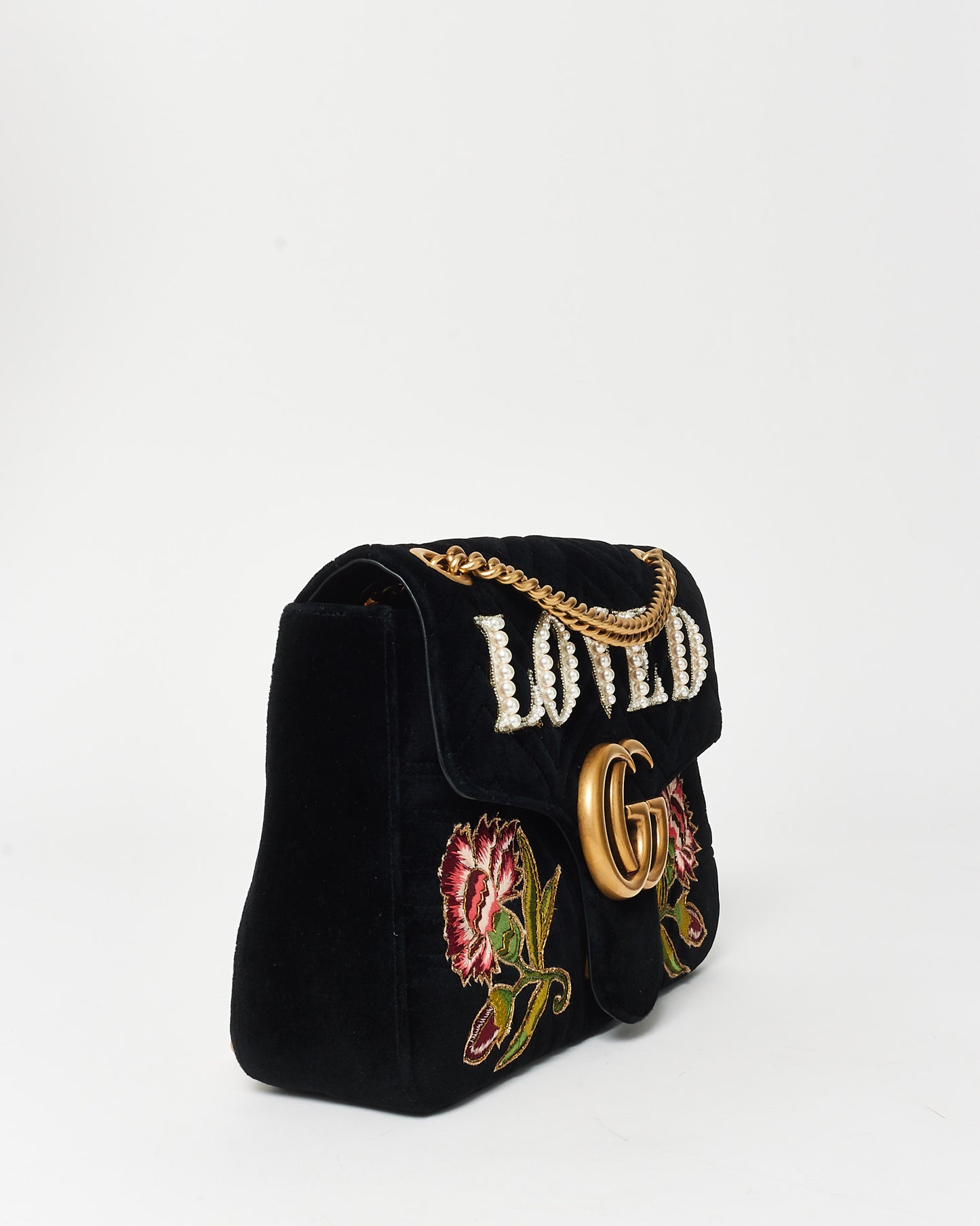 Gucci Black Velvet Marmont Embroidered 
Embellished LOVED Bag