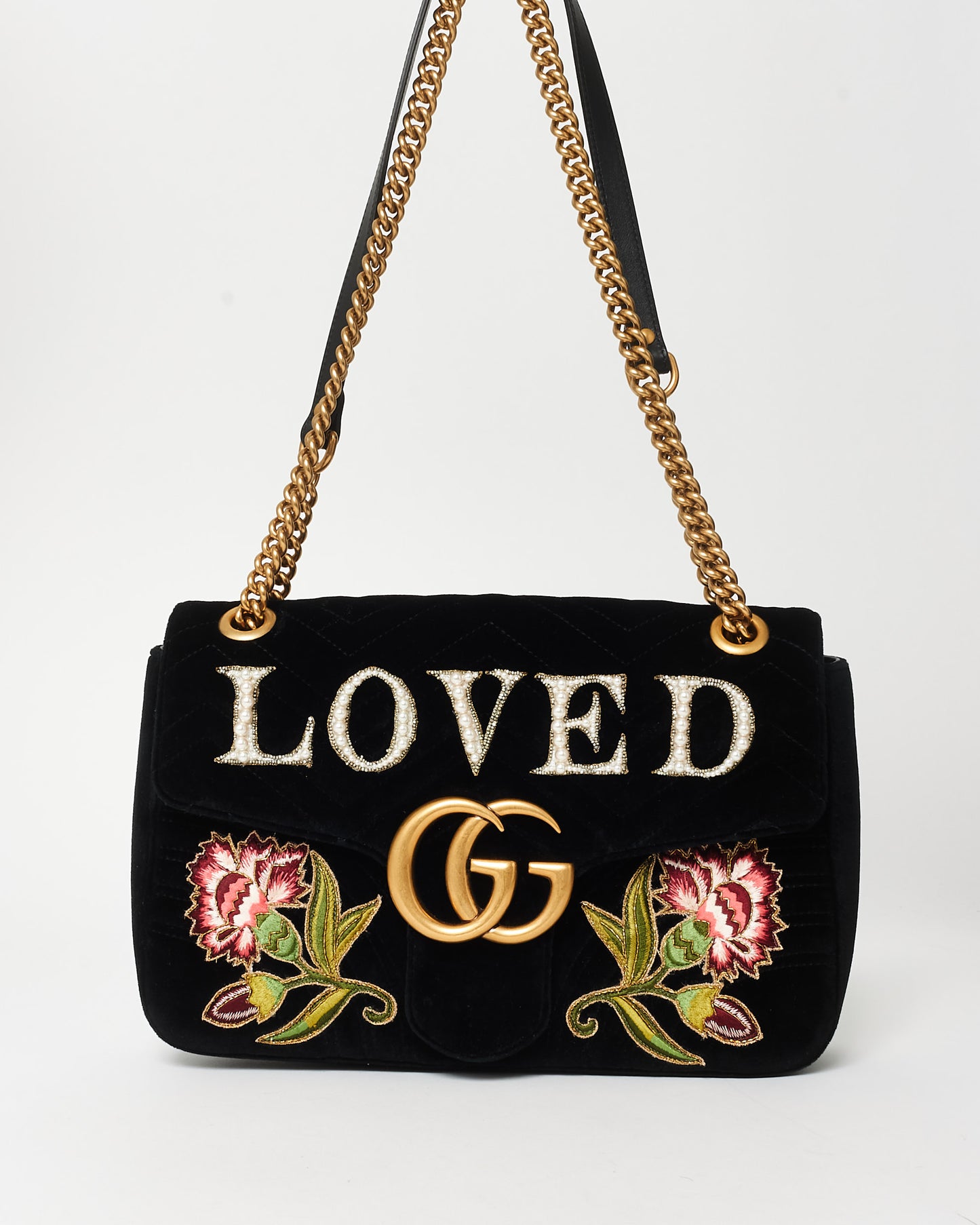 Gucci Black Velvet Marmont Embroidered 
Embellished LOVED Bag