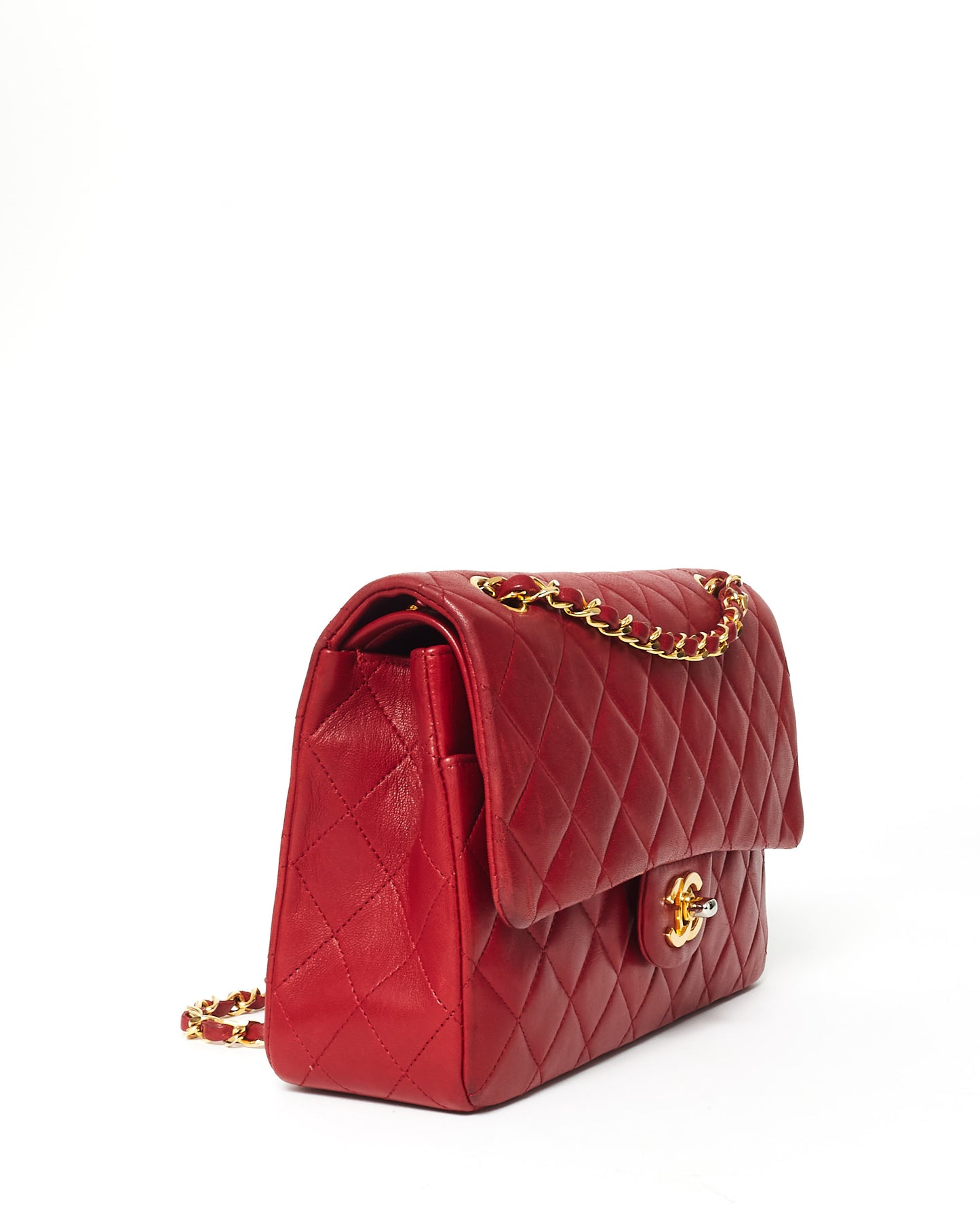 Chanel Vintage Red Lambskin 24K Plated Hardware Medium Classic Double Flap