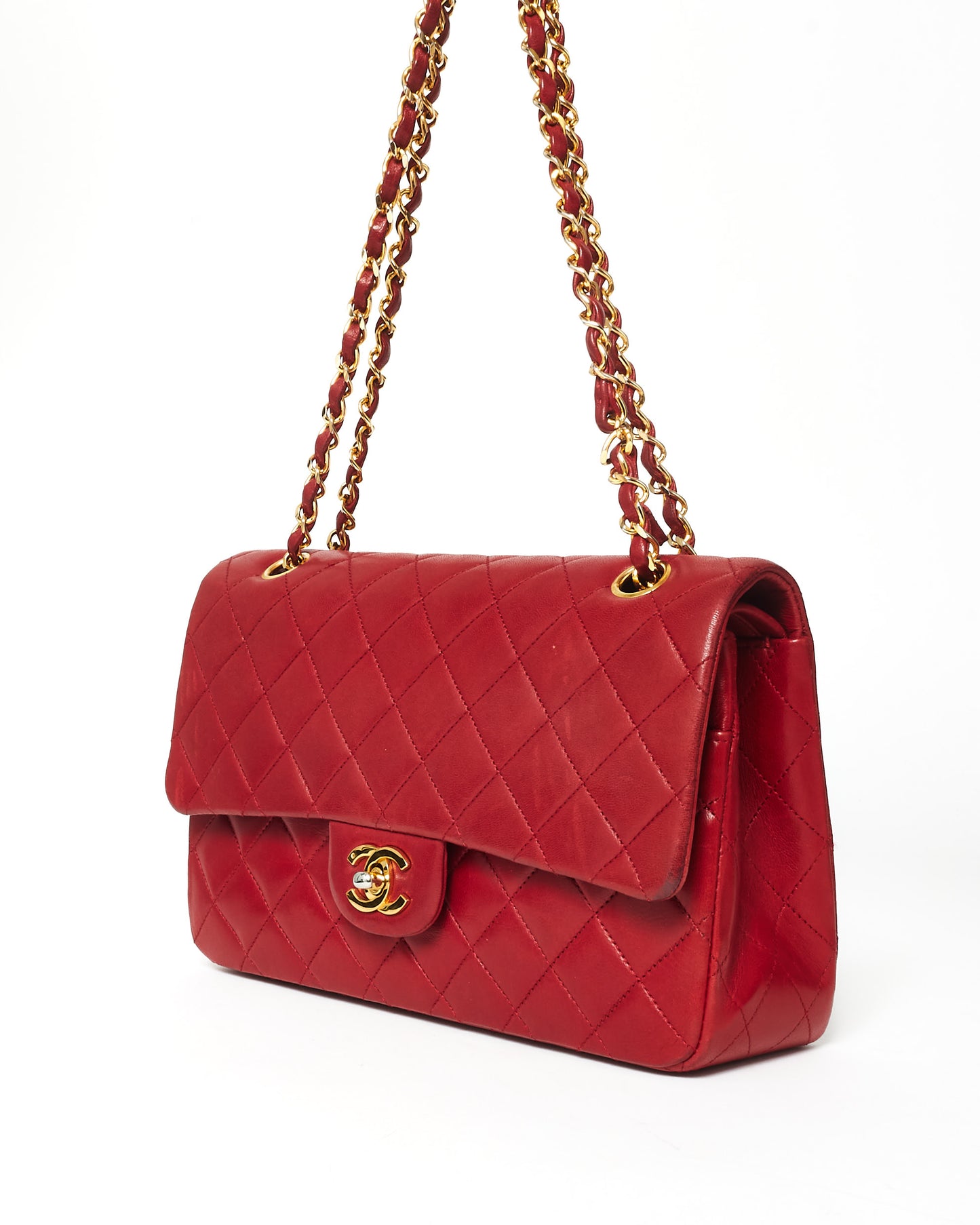 Chanel Vintage Red Lambskin 24K Plated Hardware Medium Classic Double Flap